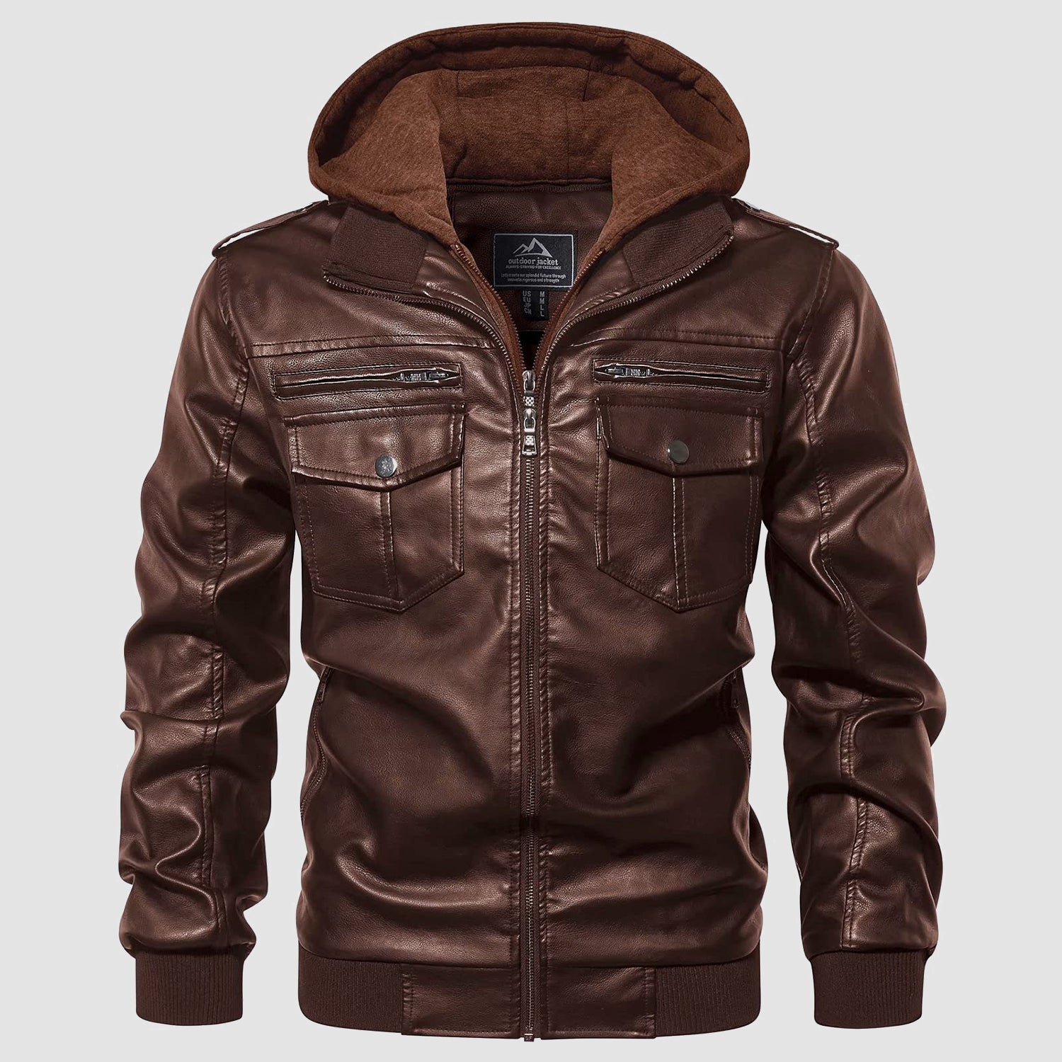 Blouson aviateur pour homme en similicuir PU avec capuche amovible, style motard