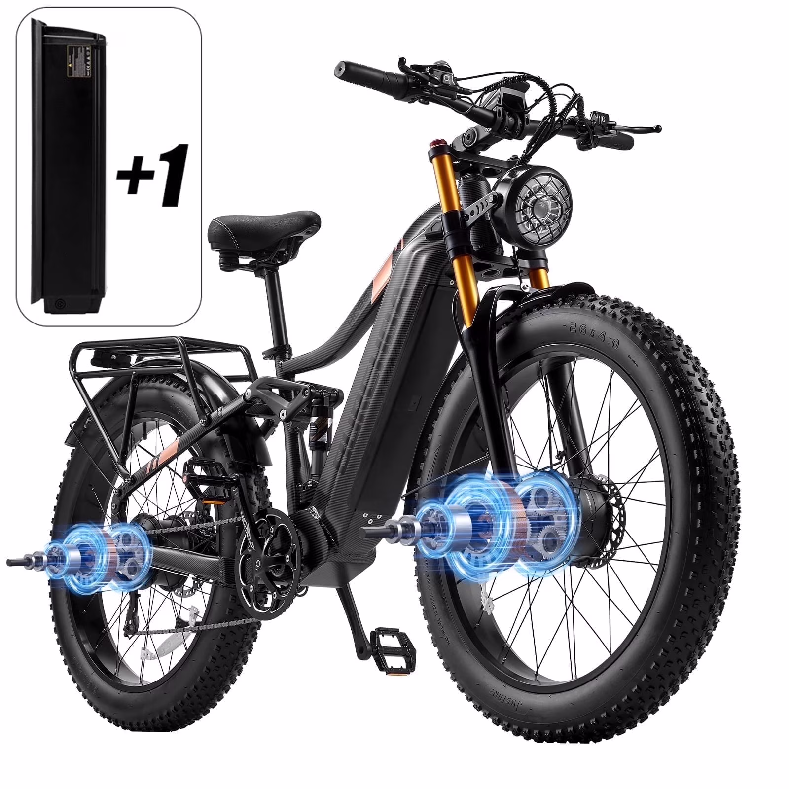 Dual Motors AWD 2000W Electric Bike for Adult 26'', UL2849 48V 60AH Removable Battery E-mountain bike 4'' Fat Tire up to 35MPH200Miles Long Range Off Road Ebike Beach Dual HydraulicBrakes E-Bicycle(AWD HC26 Dual battery(30Ah*2))