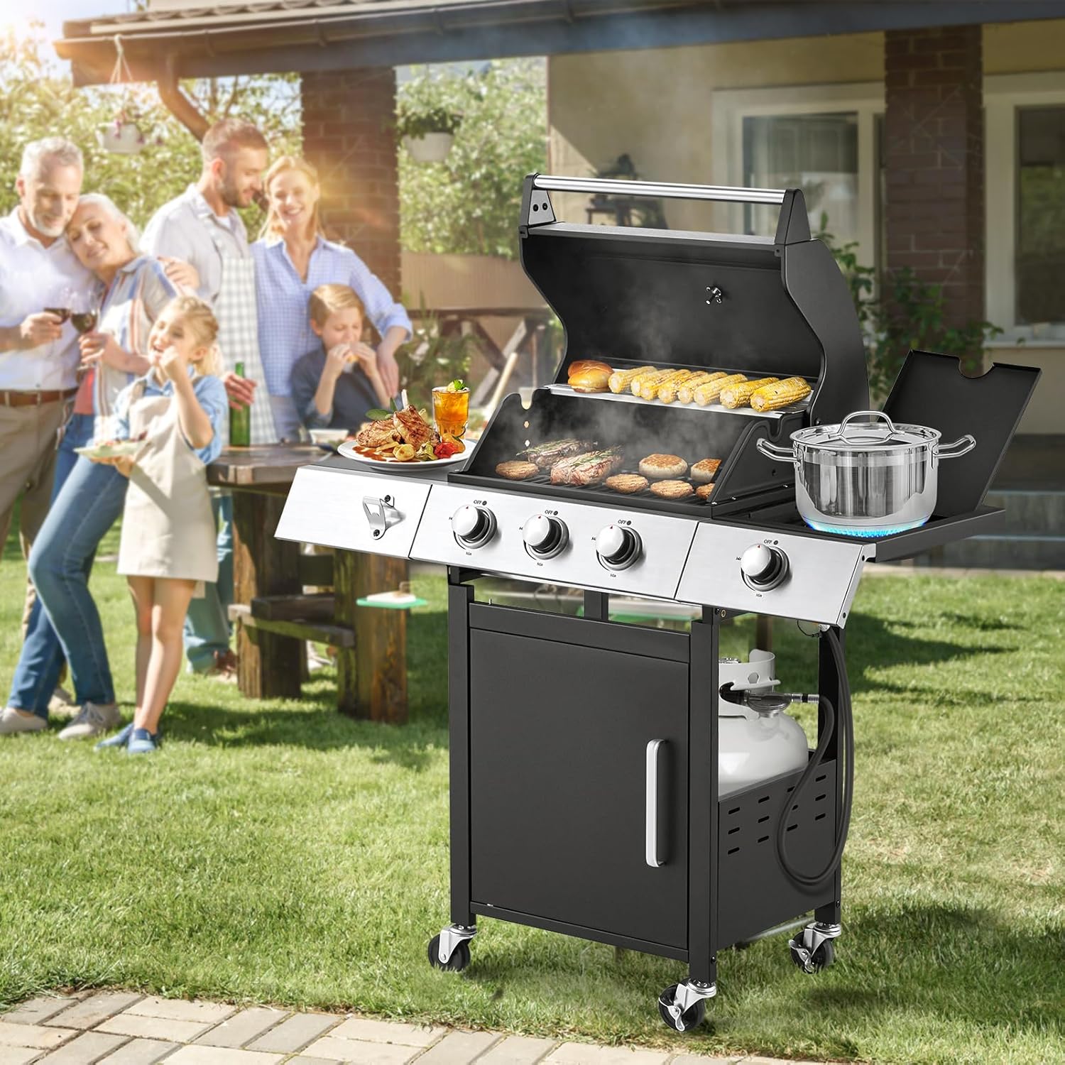 Upgraded 4 Burner Bbq Propane Gas Grill with Cast Iron Grates & Side Stove, 44,000 btu Stainless Steel Burner Barbecue Grill for Patio,…
