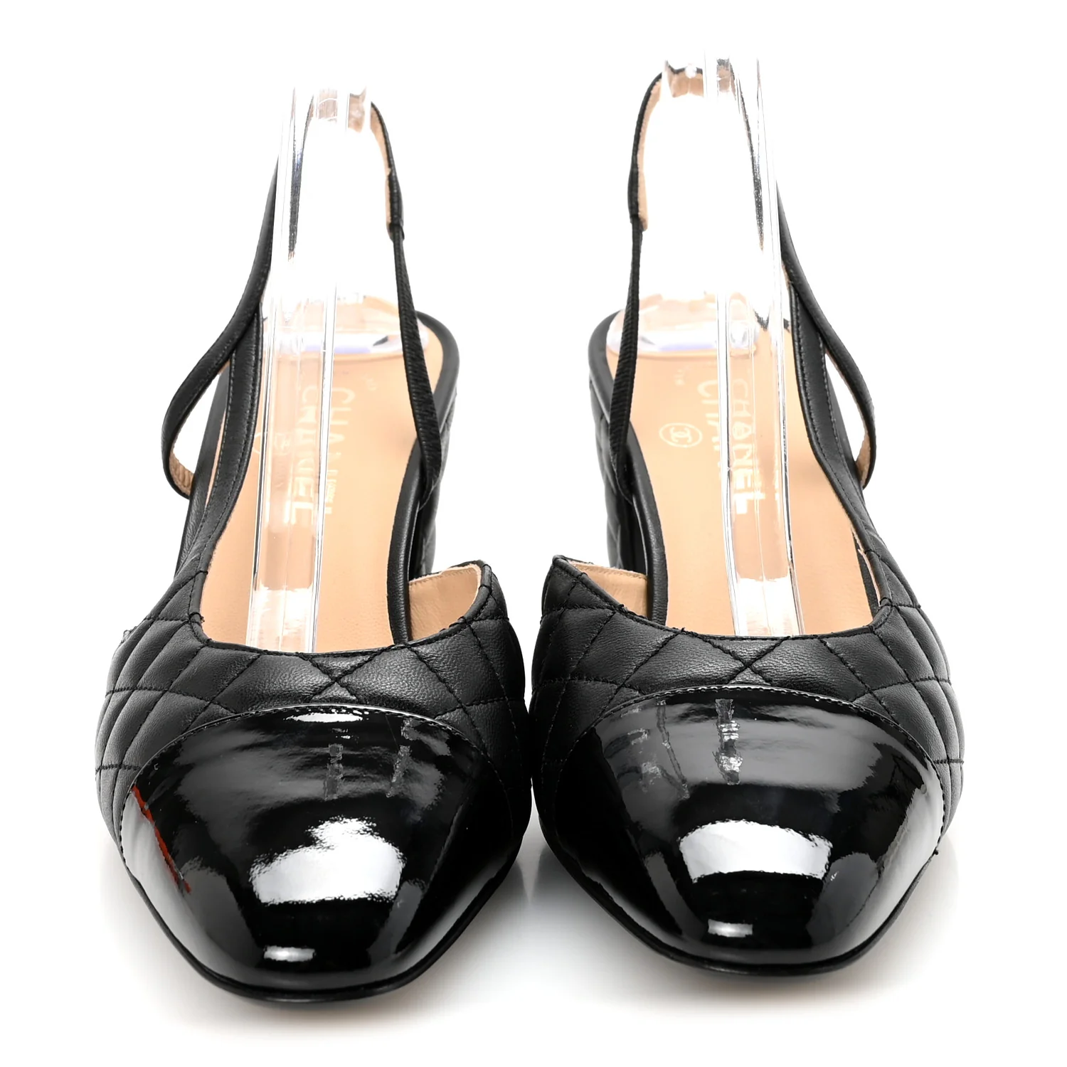 Lambskin Patent Calfskin Quilted Cap Toe CC Slingback Pumps 41 Black