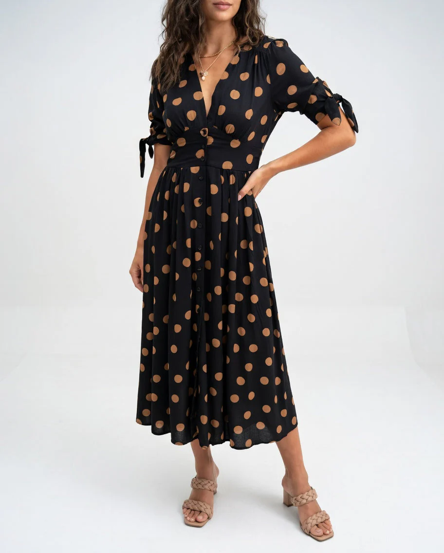 Robe Midi Élégante à Pois pour Femmes