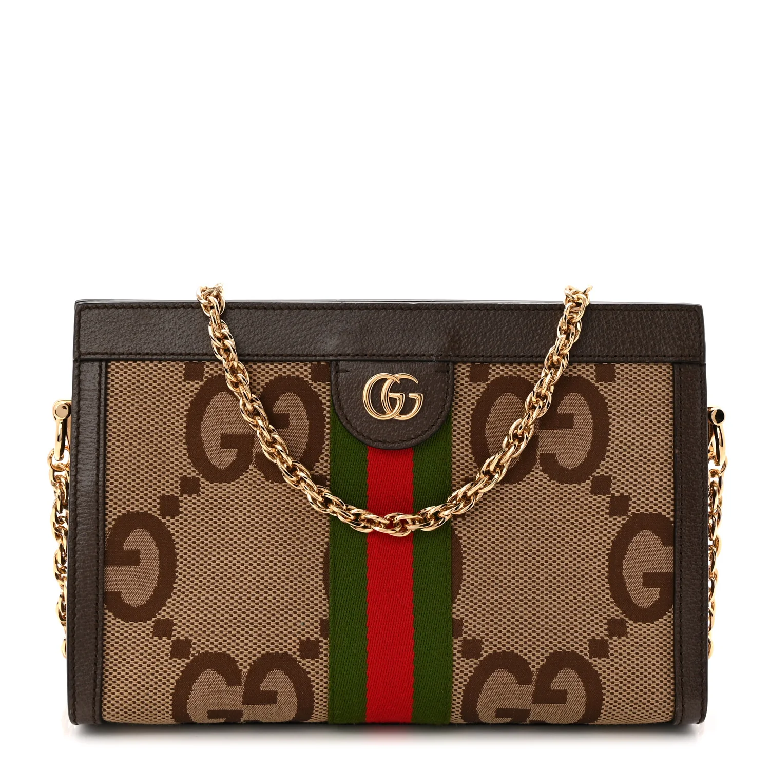 Monogram Jumbo GG Textured Dollar Calfskin Web Small Ophidia Chain Shoulder Bag Camel Ebony New Acero