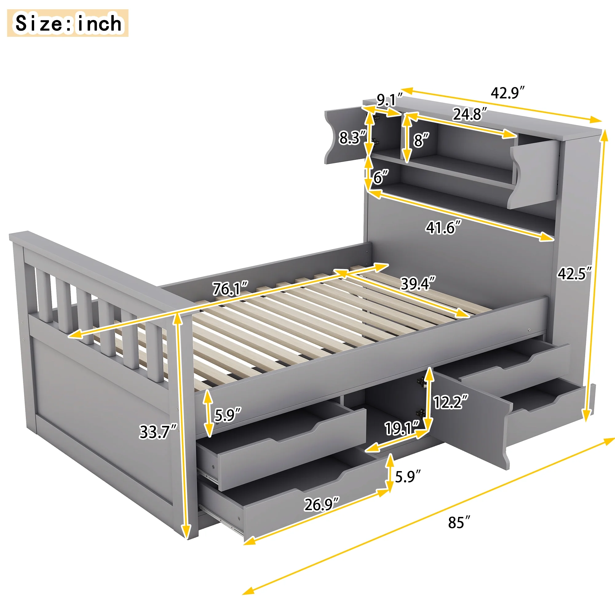 Wood Twin Size Platform Bed with Storage Headboard, Captain Bed with 4 Drawers, Bookcase and Cabinets, Gray(Gray) - Image 6