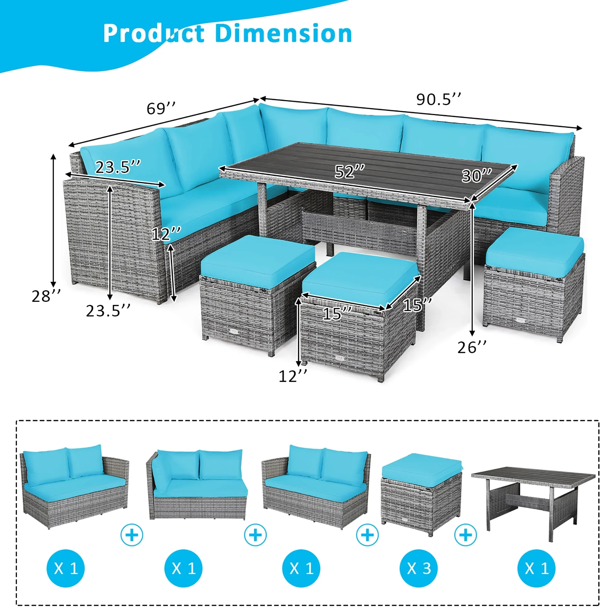 Costway 7 PCS Patio Rattan Dining Set Sectional Sofa Couch Ottoman Garden Red