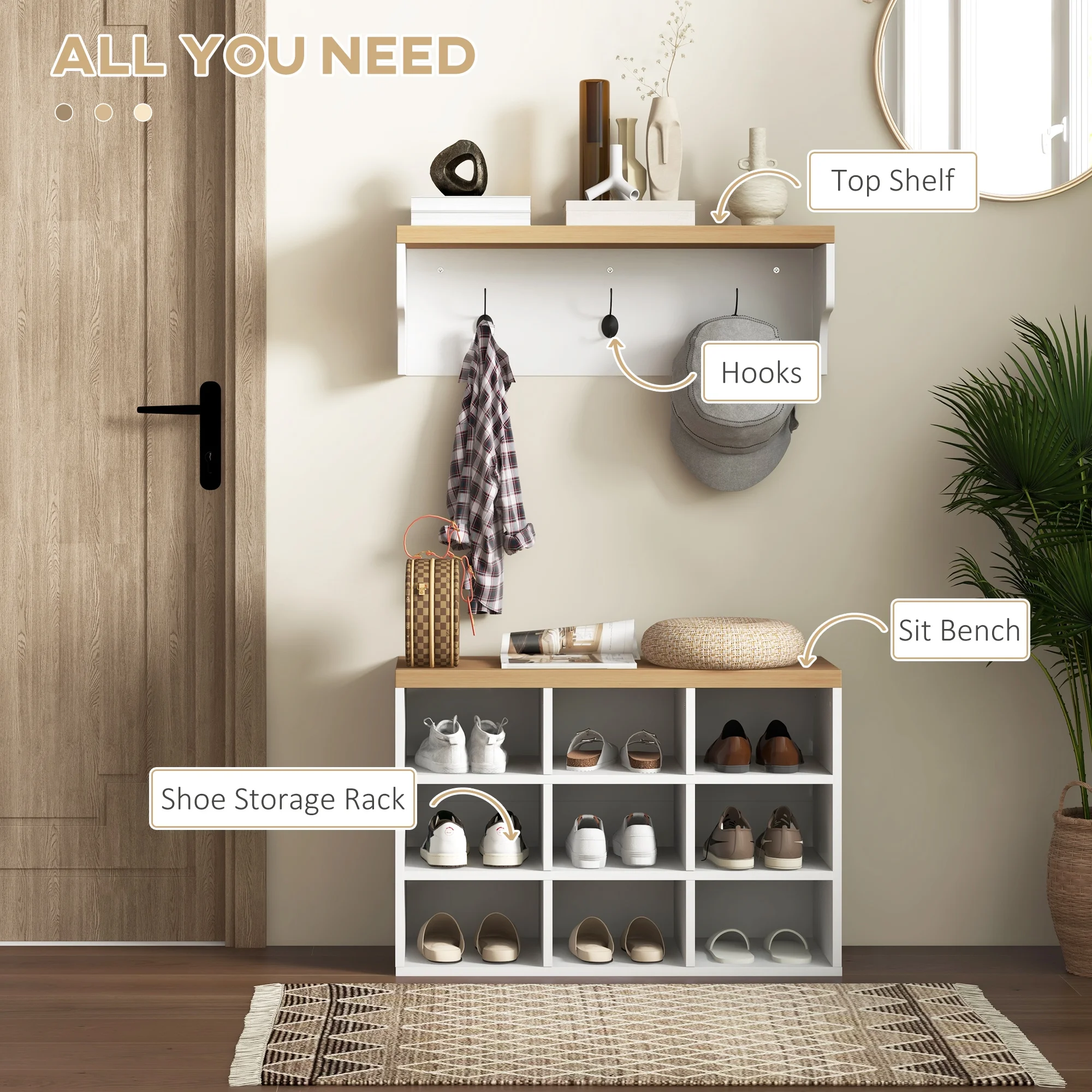 Homiyad 2-in-1 Coat Rack Shoe Bench Set, 5-Hook Hall Tree with Bench and Shoe Storage for 9 Pairs of Shoes for Entryway, Hallway, White