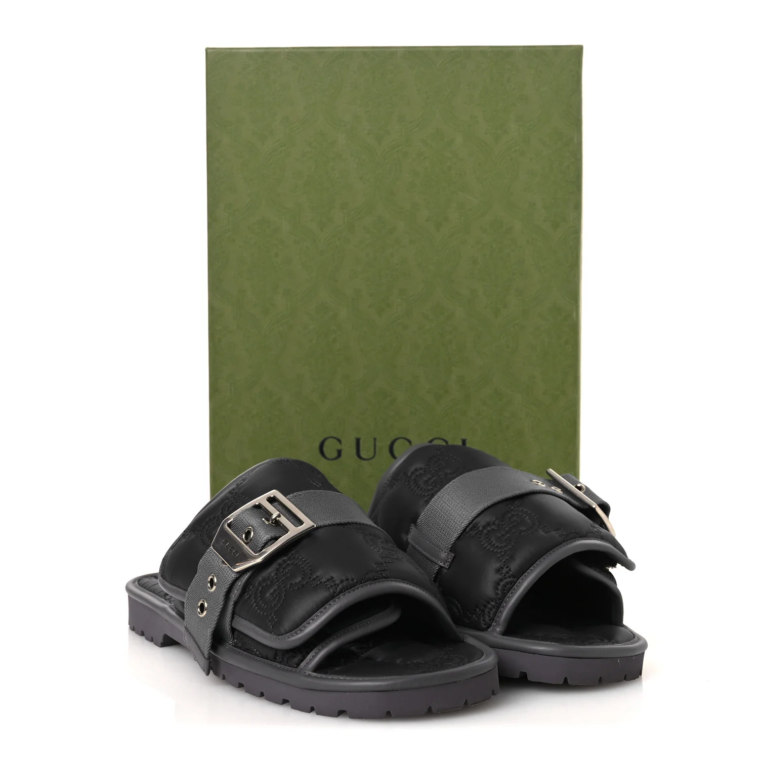 Nylon Calfskin GG Matelasse Mens Slide Sandals 11 Blue Grey