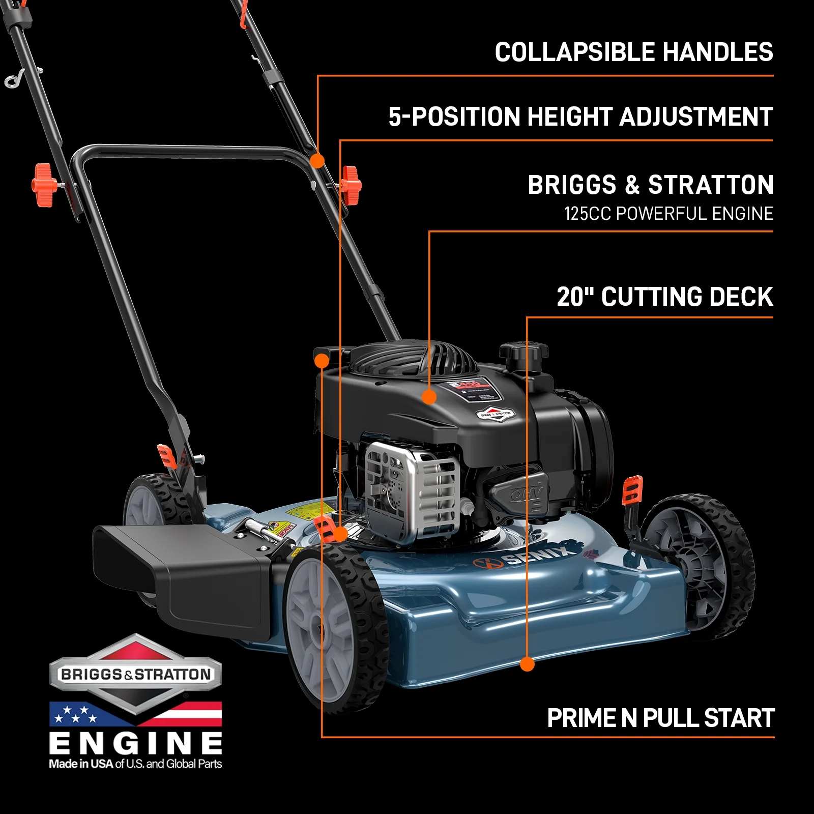 Gas Lawn Mower 20in Cutting Blade 21in Cutting Deck, 125 cc 4-Cycle Made in USA Engine Push Mower, Side Discharge, 5-Position Height Adjustment, LSPG-L3(20in) - Image 7