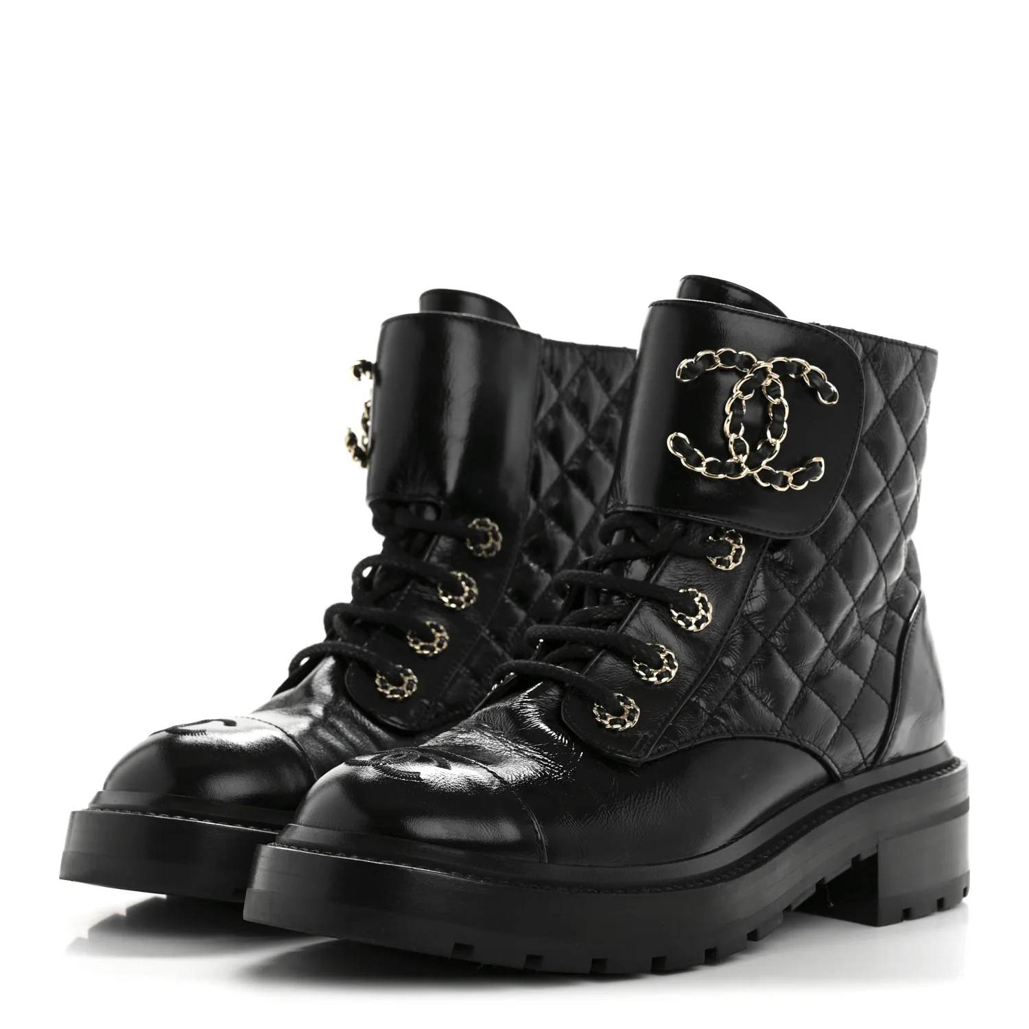Shiny Lambskin Quilted Lace Up Combat Boots 37 Black