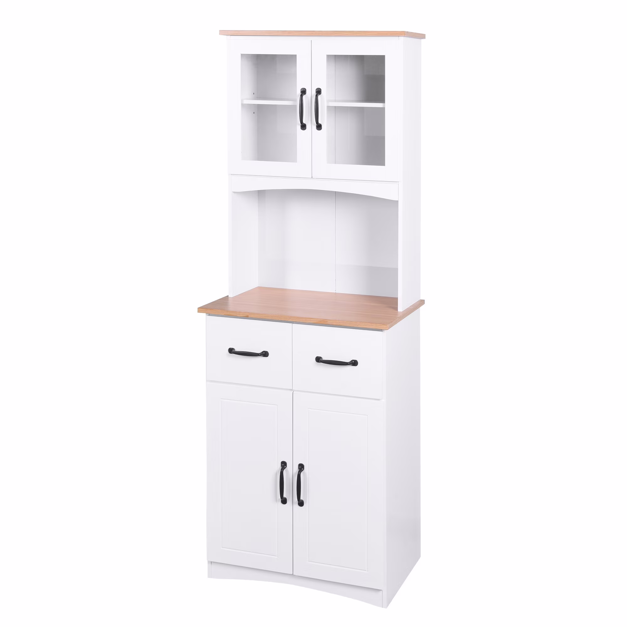 Clearance! Wooden Kitchen Cabinet White Pantry Room Storage Microwave Cabinet with Framed Glass Doors and Drawer(White)