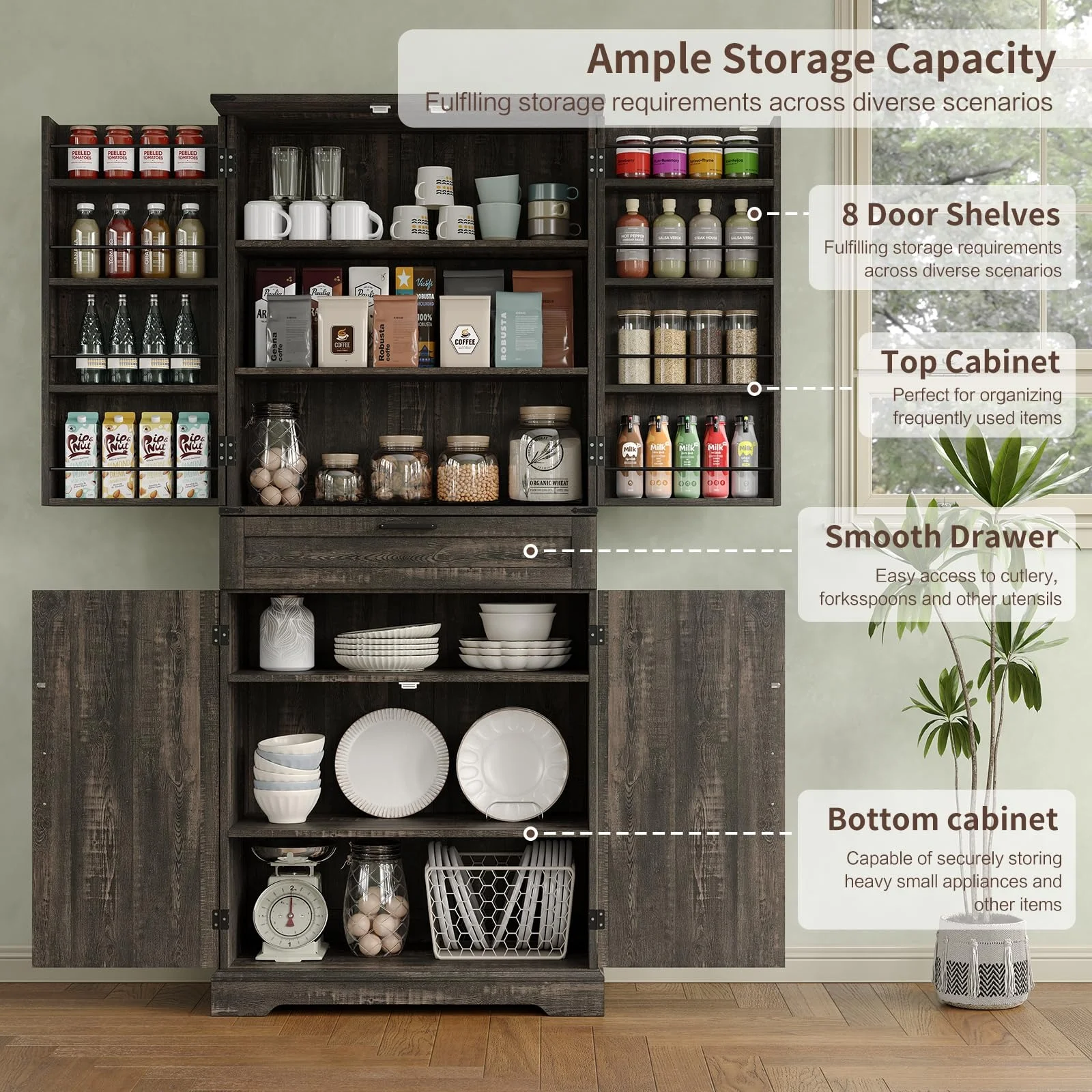 72'' Kitchen Storage Pantry Cabinet, Tall Storage Cabinet with 8 Door Shelves, 2 Cabinets and 1 Drawer, Freestanding Cupboard for Kitchen, Dining Room, Bathroom, Laundry(Dark Rustic Oak) - Image 4