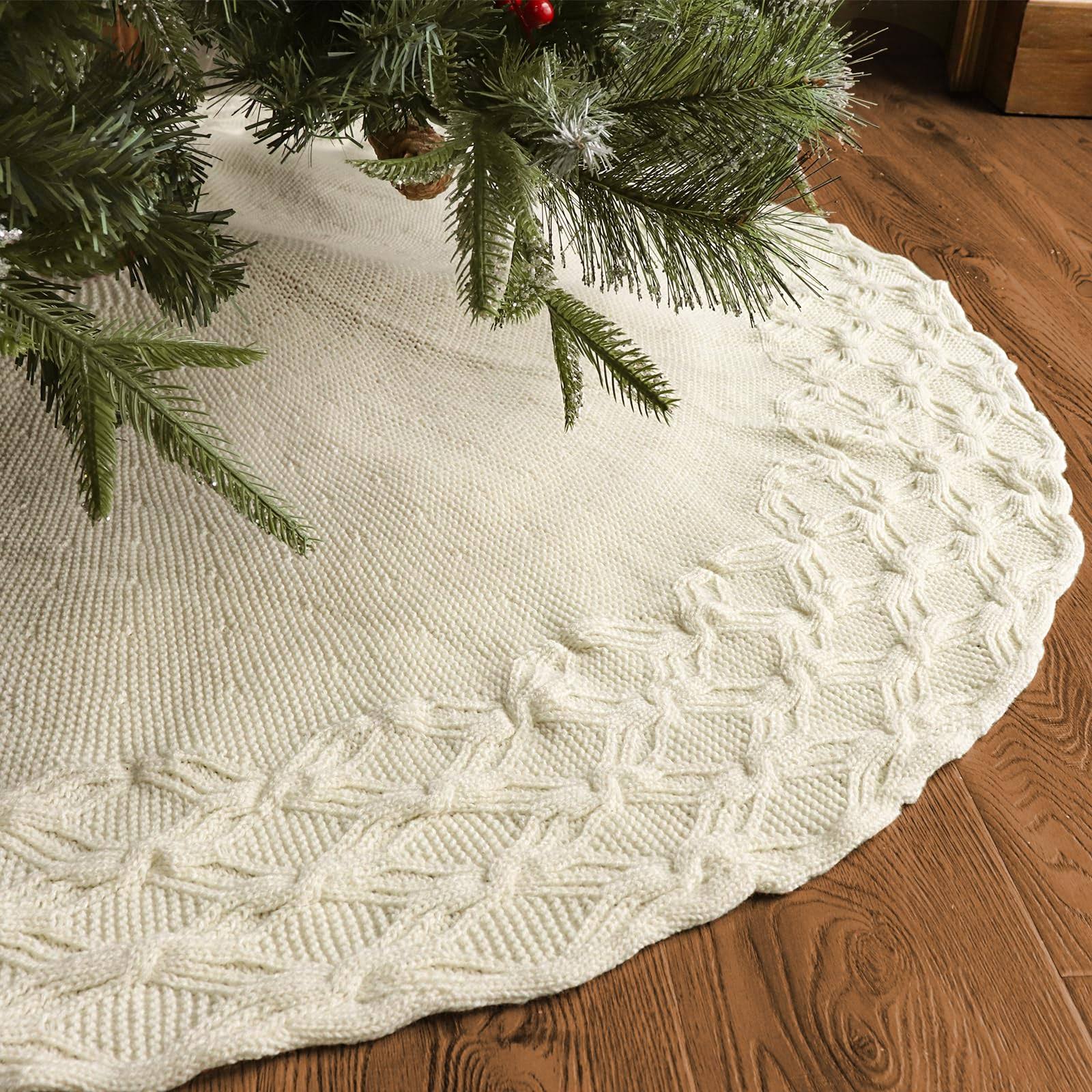 LimBridge Knitted Christmas Tree Skirt: 48 Inches Cream White Tree Skirt, Crossed Willow Leaf Edge Cable Knit Rustic Christmas Tree Decorations,