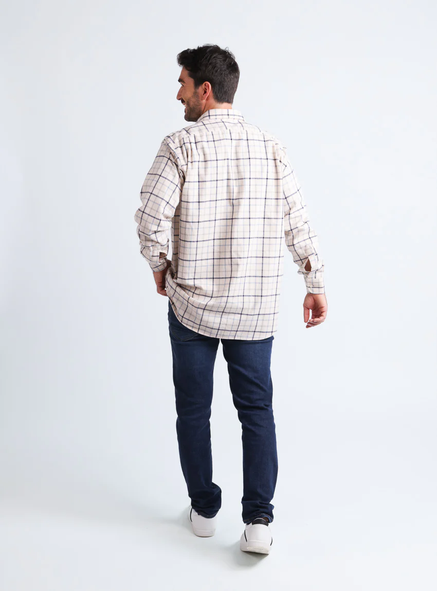 Chemise homme à motifs coton et laine carreaux bleu nuit