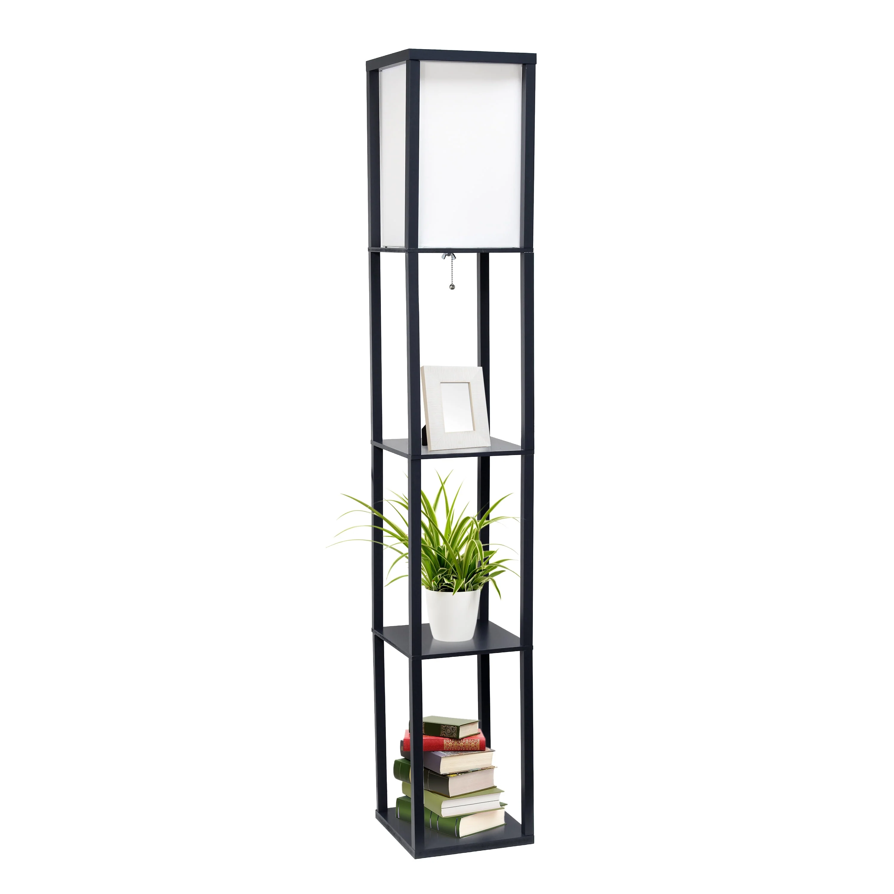 Simple Designs Floor Lamp Etagere Organizer Storage Shelf with Linen Shade, Black Image 2