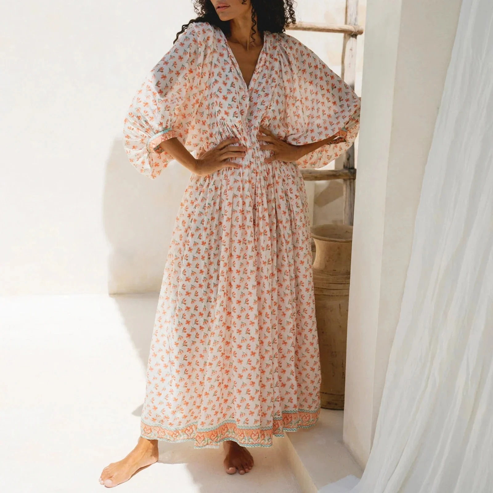 Robe Longue Bohème Femme à Manches Bouffantes - Idéale Été Élégante