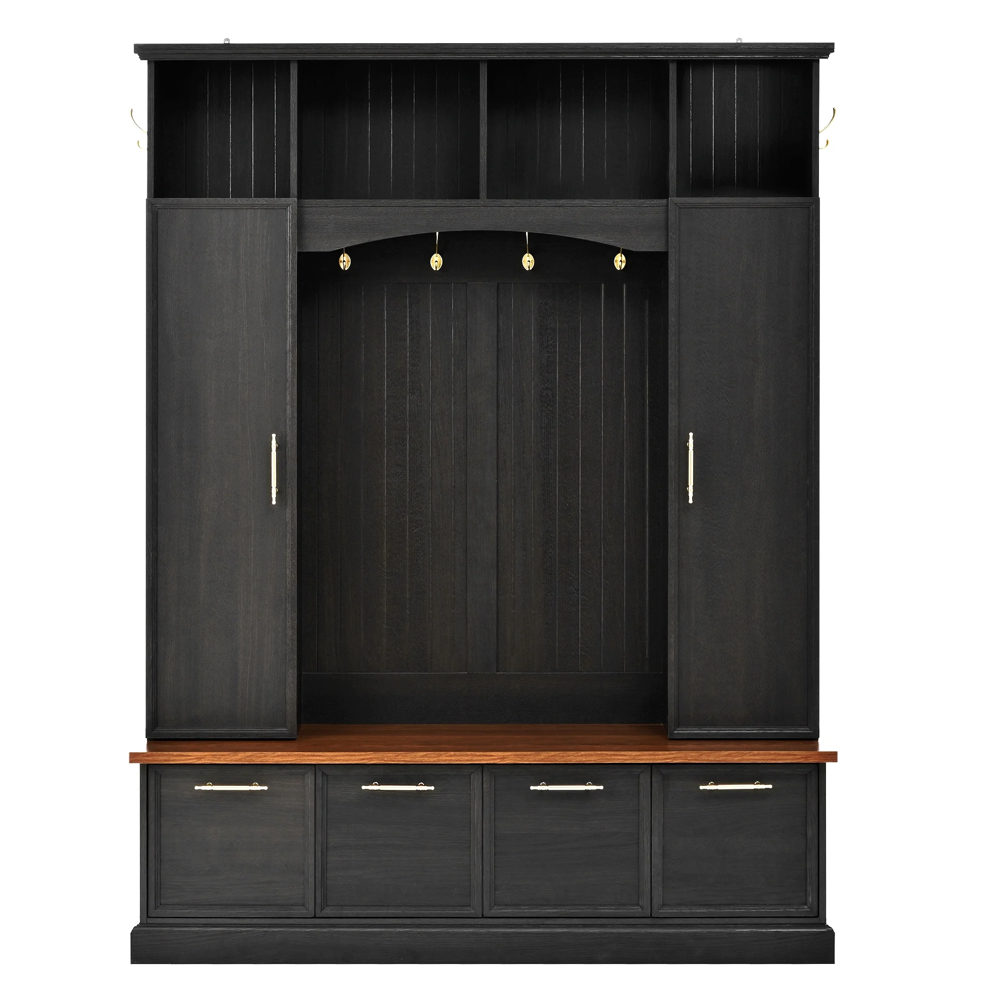 Euroco Wide Hall Tree with Golden Hooks  Handles, Practical Entryway Walnut Bench with Adjustable Shelves, 76.7"H Farmhouse Wooden Style Coat  Shoe Rack for Mudroom, Living Room, Black(Black)