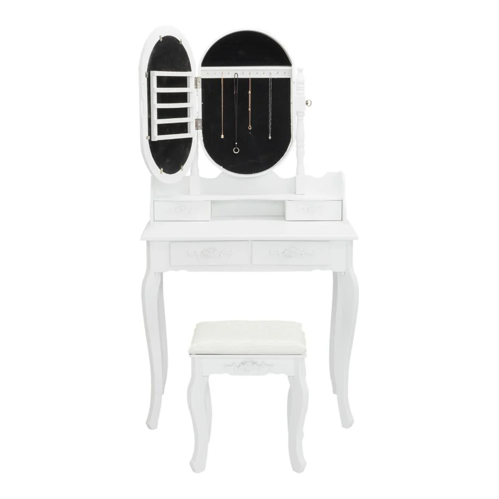 Vanity Jewelry Wooden Makeup Dressing Table Set W/Stool Mirror Cabinet 4 Drawer - Image 8