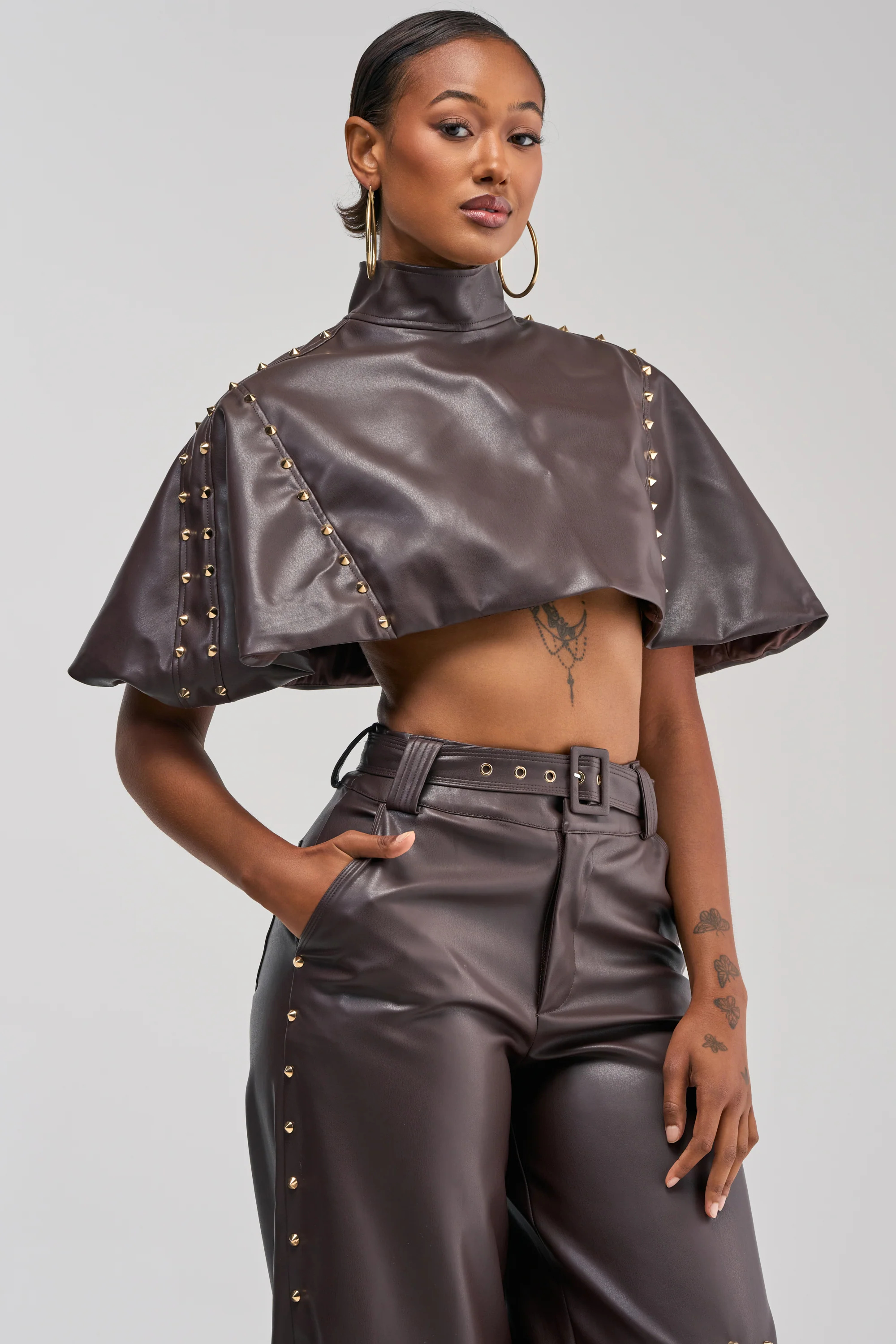 STUDDED FAUX LEATHER CAPE IN DARK CHOCOLATE - Akira Store