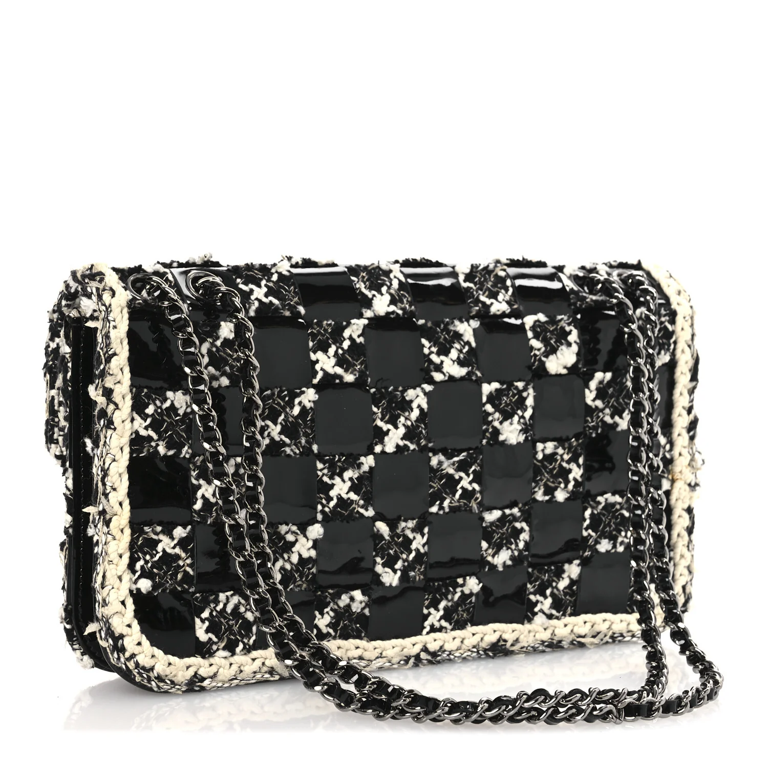 Tweed Patent Quilted Rectangular Flap Black White