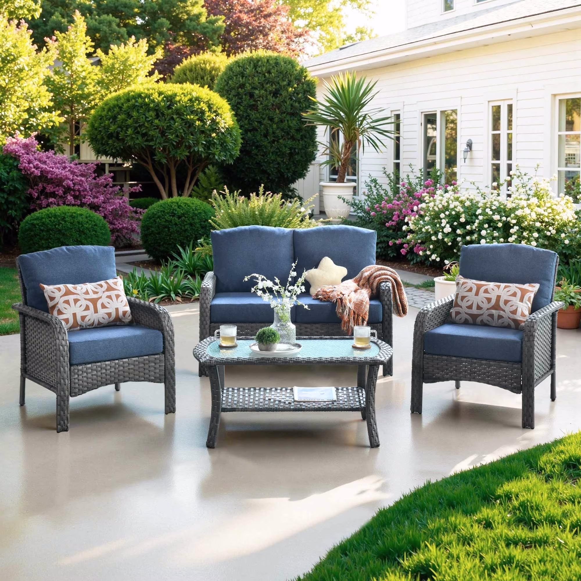 4 Pieces Wicker Outdoor Patio Furniture with Coffee Table High Back All Weather Rattan Outdoor Sectional Conversation Set for Backyard Porch Garden, Denim Blue(Denim Blue)