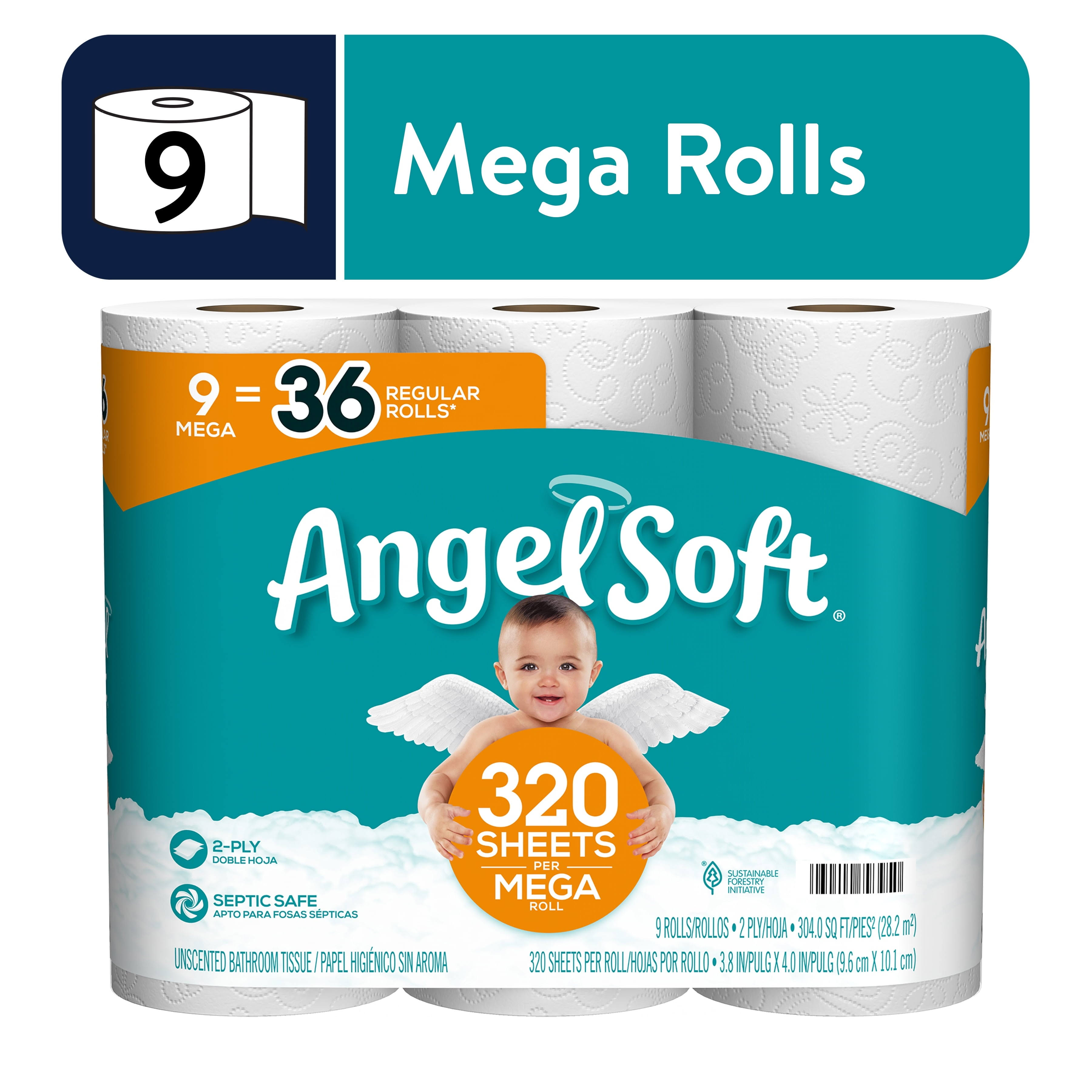 Angel Soft Bathroom Tissue, Unscented, Mega Roll, 2 Ply - 9 rolls