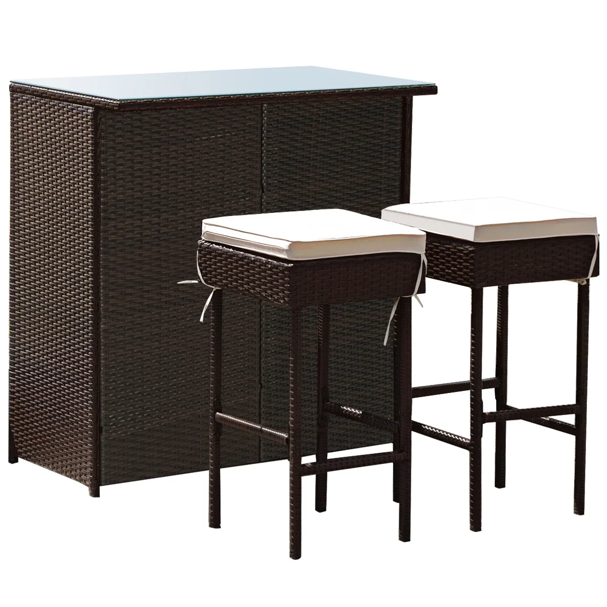 Costway 3PCS Patio Rattan Wicker Bar Table Stools Dining Set Cushioned Chairs Garden