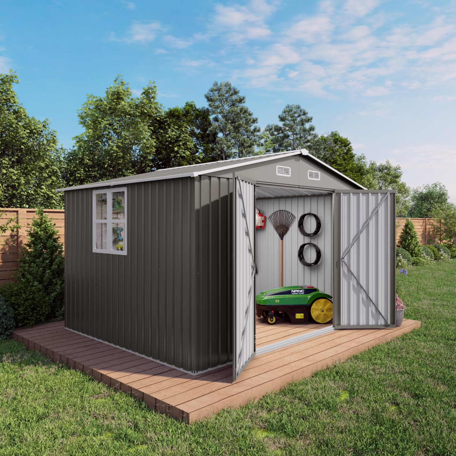 10 x 8 FT Outdoor Storage Shed, Large Metal Storage Shed, Lockable Door and Air Vent, Clear Window Garden Tool Shed for Bicycles, Tools, Lawnmowers, Backyards, Patios, Lawns Gray(115.3''��94''��76.3'')