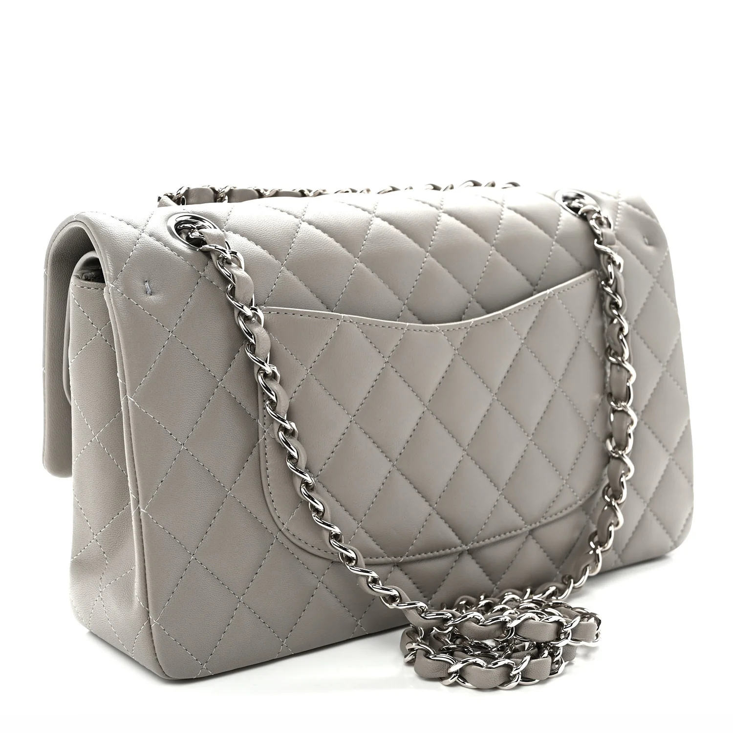 Lambskin Quilted Medium Double Flap Grey