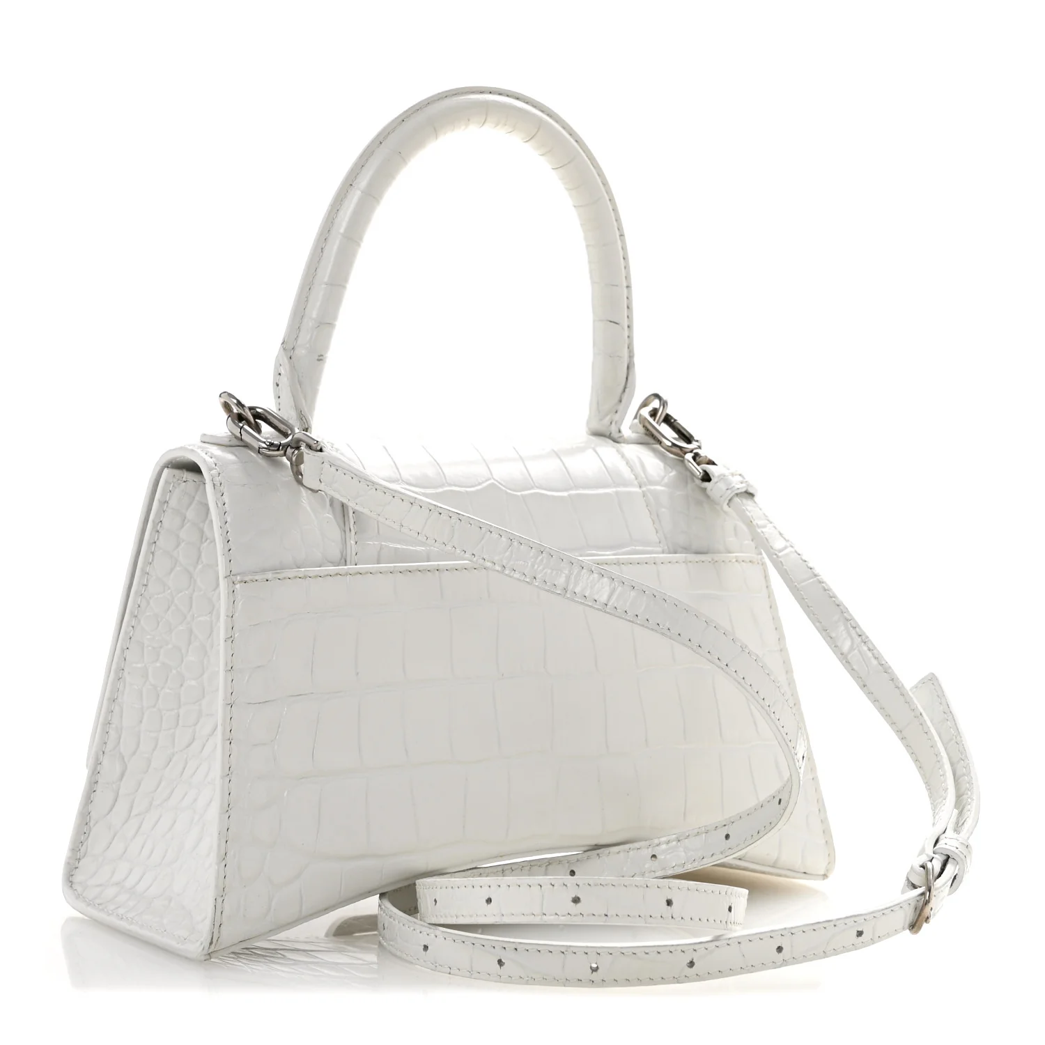 Calfskin Crocodile Embossed Small Hourglass Top Handle Bag White