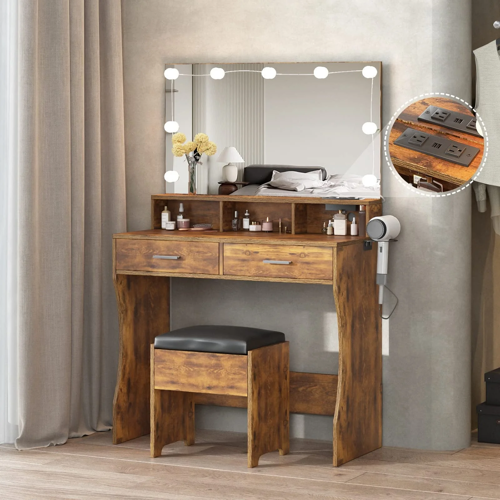 Veanerwood 31.5in Makeup Vanity Table with Lighted Mirror  Power Strip, Vanity Desk Set with Hair Dryer Holder, 3 Lighting Colors, White Finish(Black)