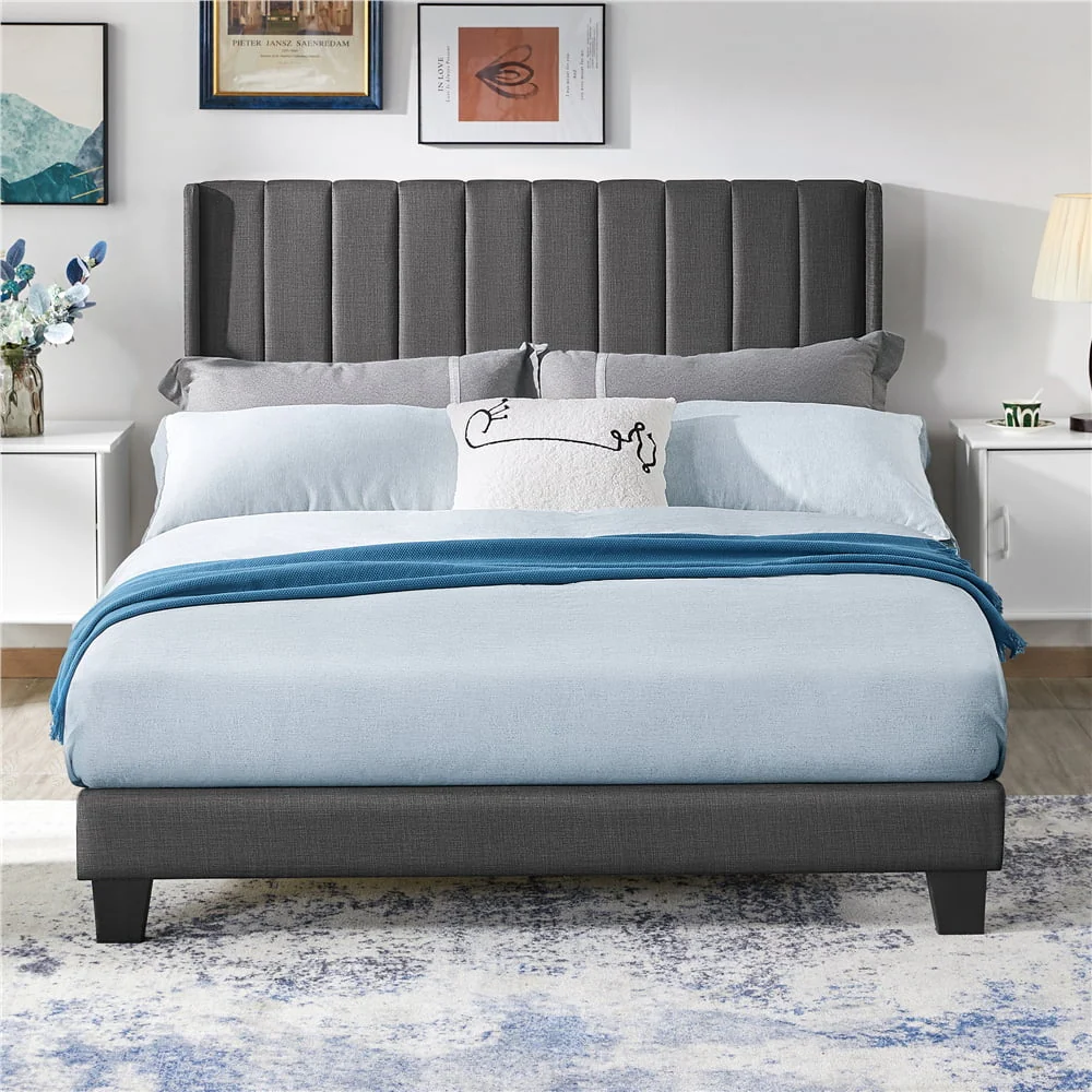 Yaheetech Upholstered Wingback Bed with Support and Mattress Foundation, Queen, Dark Gray(Full/with headboard)