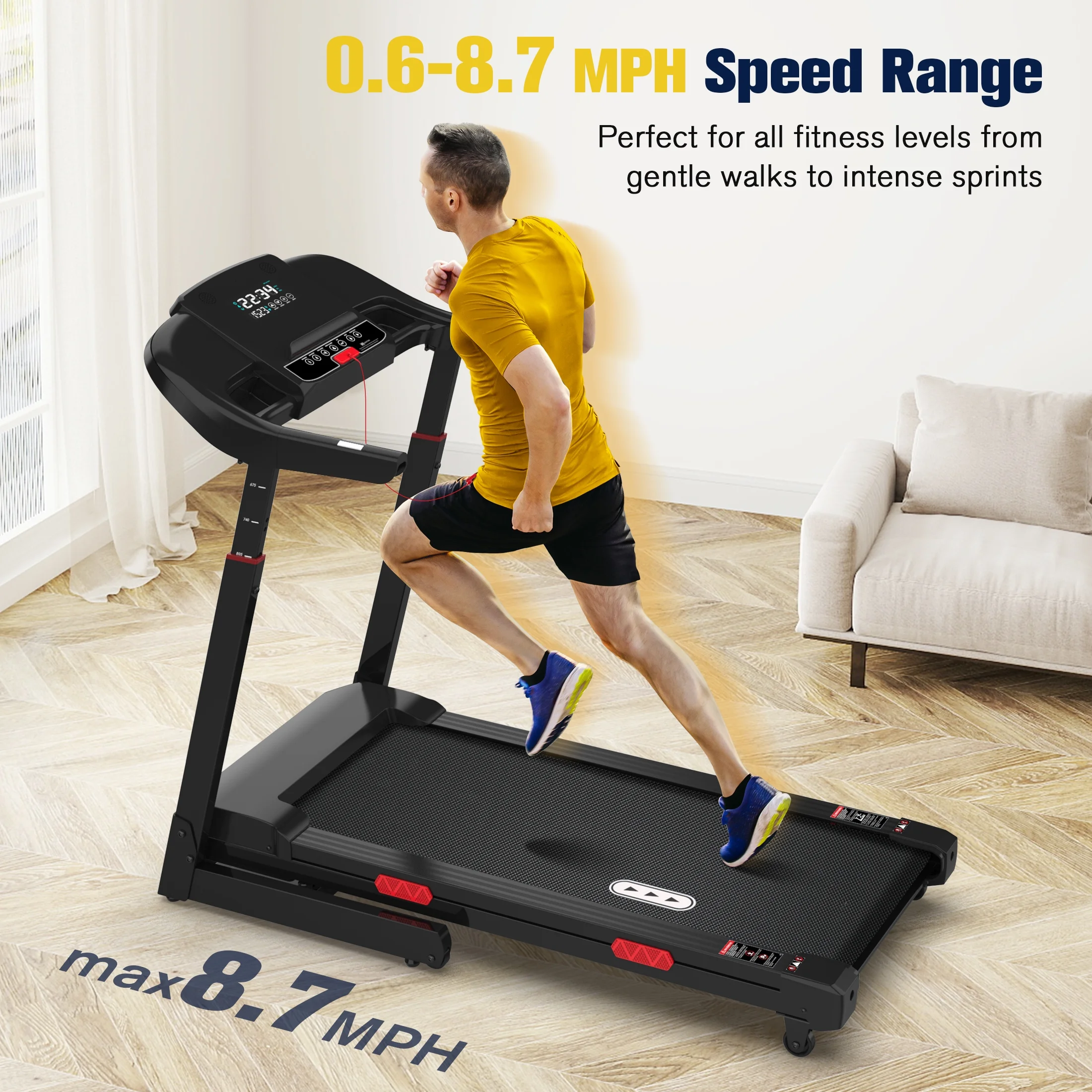 Foldable Treadmill,15% Auto Incline, 350 lb Capacity, Bluetooth, Voice Control, Heart Rate Monitor, for Home Office(Black) - Image 7