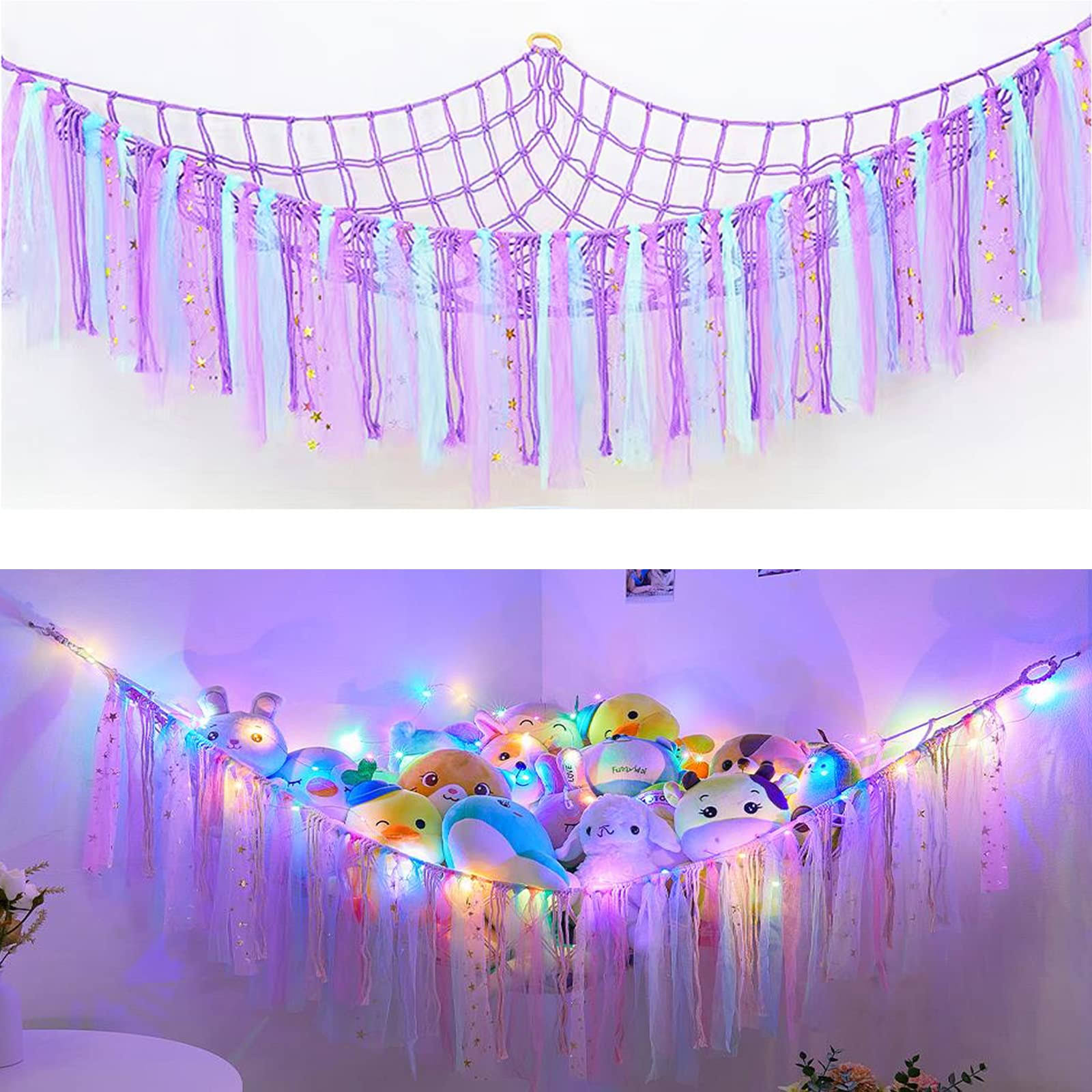 FYANER Stuffed Animal Net Stuffed Animal Storage Hammock with LED Lights Colorful Tassels Hammock Hanging Stuffed Toy Storage Organizer Holder for