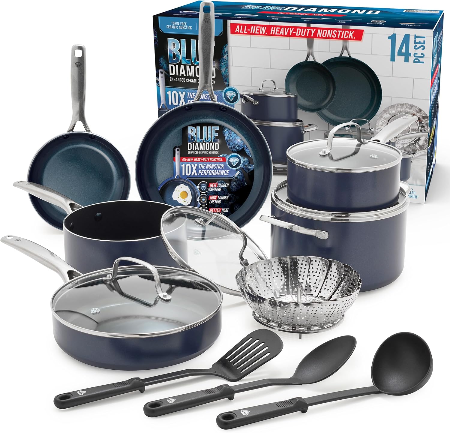 Blue Diamond 14 Piece Cookware Set, Diamond Infused PFAS & PFOA-Free Ceramic Nonstick Pots and Pans, Durable, Non-Toxic, Metal Utensil Safe & Scratch Resistant, Dishwasher & Oven Safe, Blue