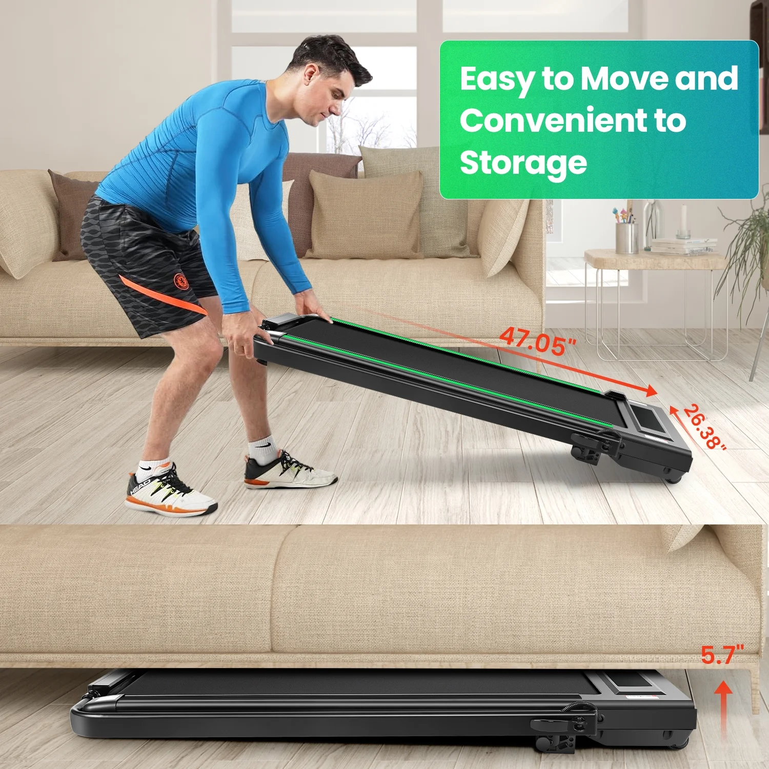 2 in 1 Walking Pad Treadmill with Incline, 2.5HP Under Desk Treadmill with Handle Remote Control LED Touch Screen for Home Office Workout, 300lbs Weight Capacity Black Green(A-98-G) - Image 10