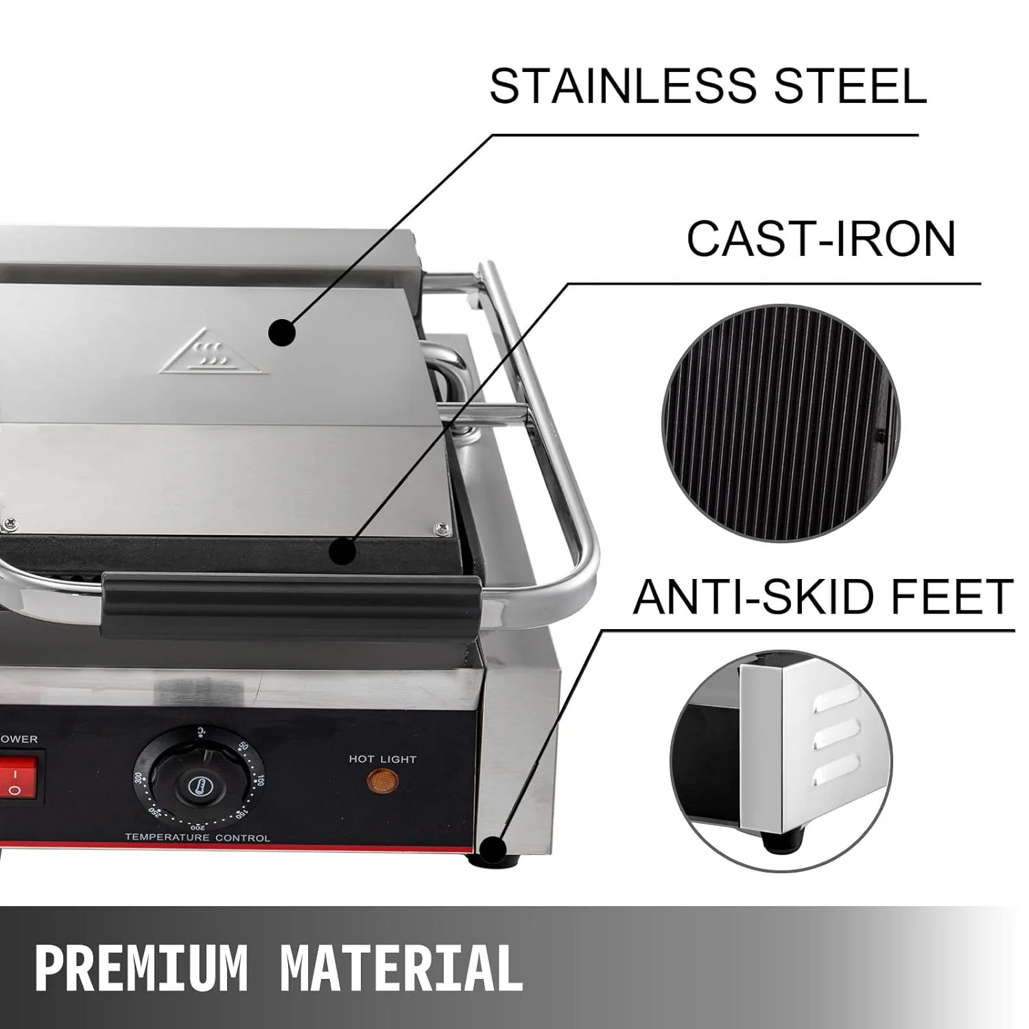 Commercial Sandwich Panini Press Grill, 2X1800W Double Flat Plates Electric Stainless Steel Sandwich Maker, Temperature Control 122°F-572°F Non Stick Surface for Hamburgers Steaks Bacons.