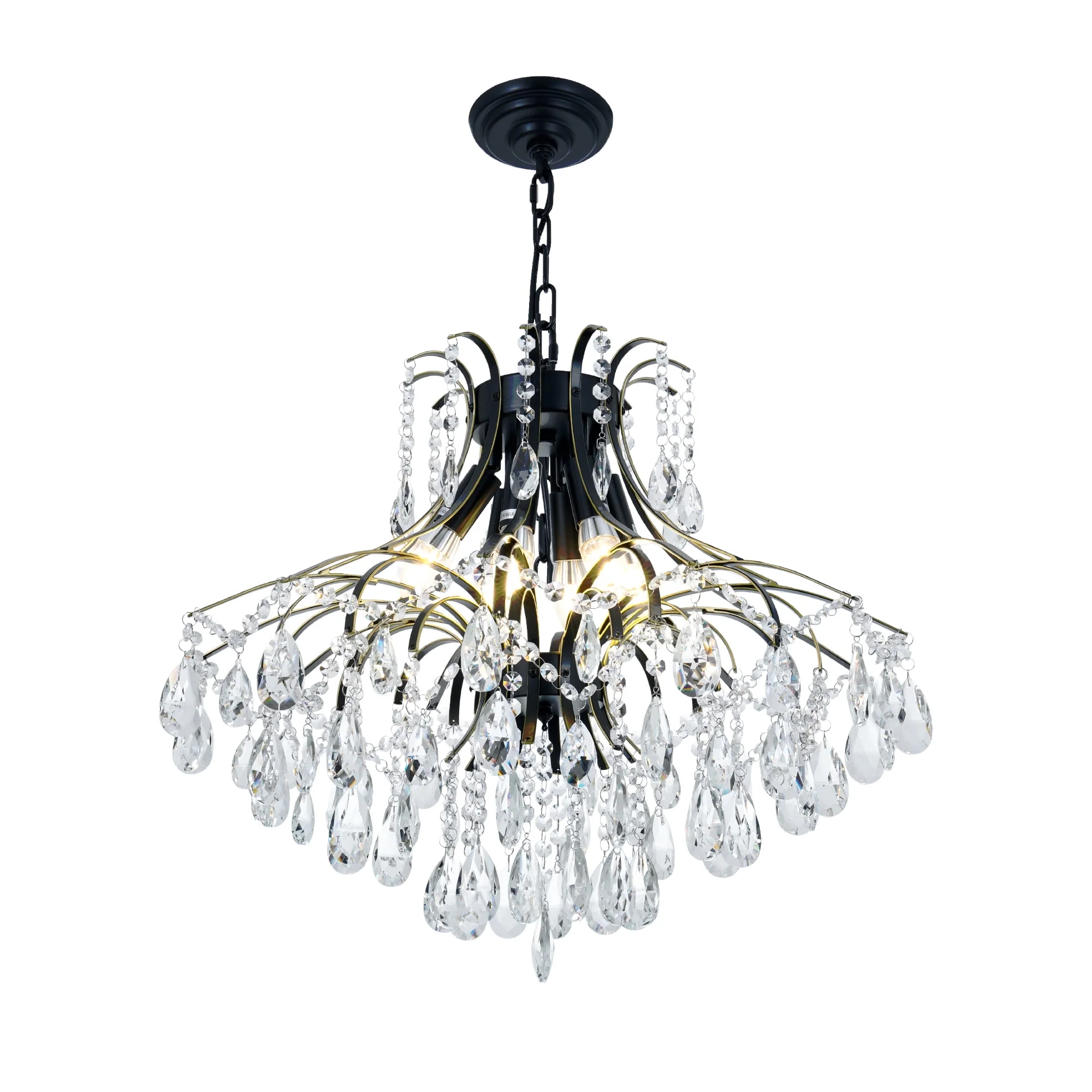 6-Light French Vintage Crystal Chandelier - Black & Gold Wrought Iron Ceiling Light with 23.6" Diameter, Adjustable 21.7" Chain & Wall Control, Dining room ceiling lighting fixtures