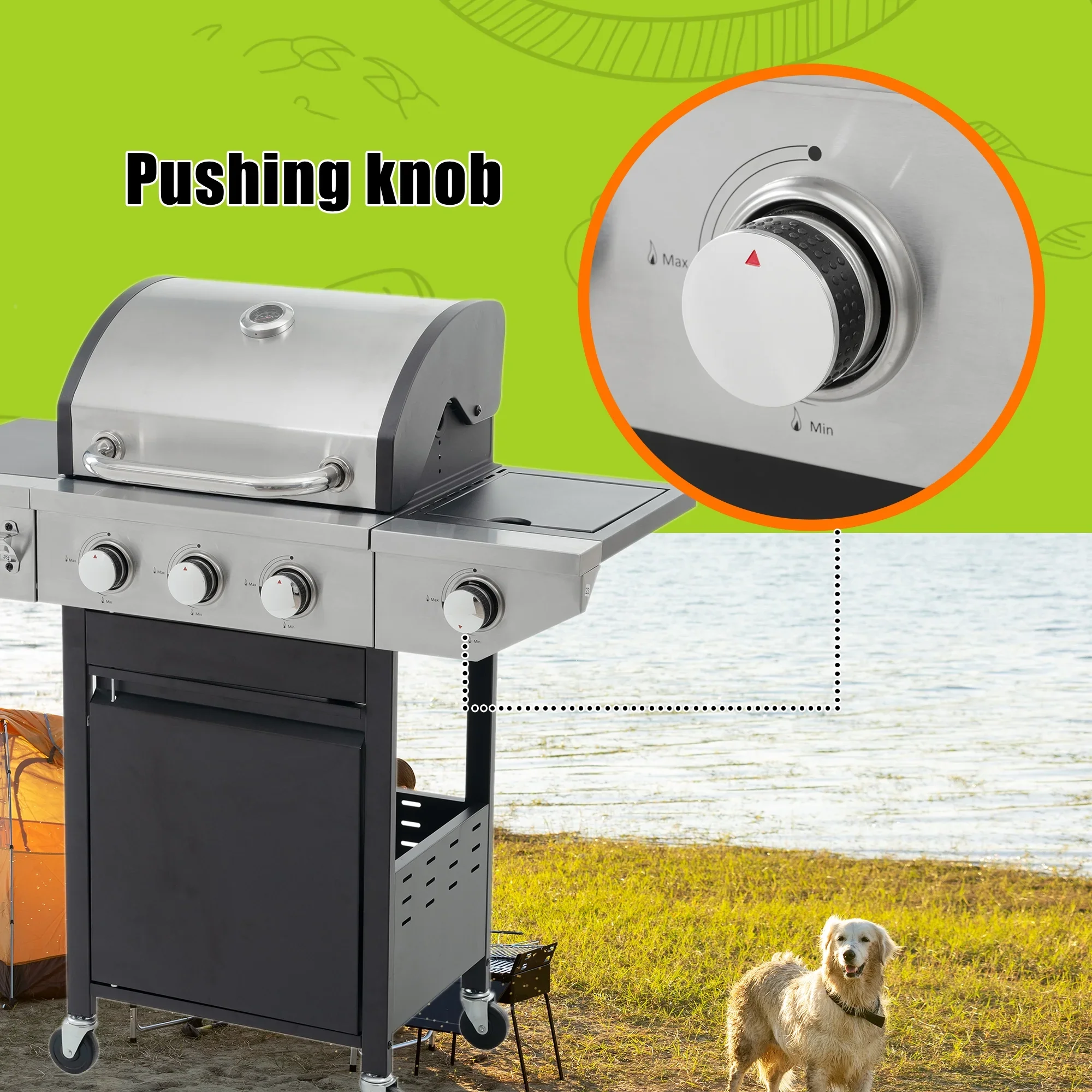 Furnibear 4 Burner BBQ Propane Gas Grill, Stainless Steel 34,000 BTU Patio Garden Barbecue Grill with Two Foldable Shelves