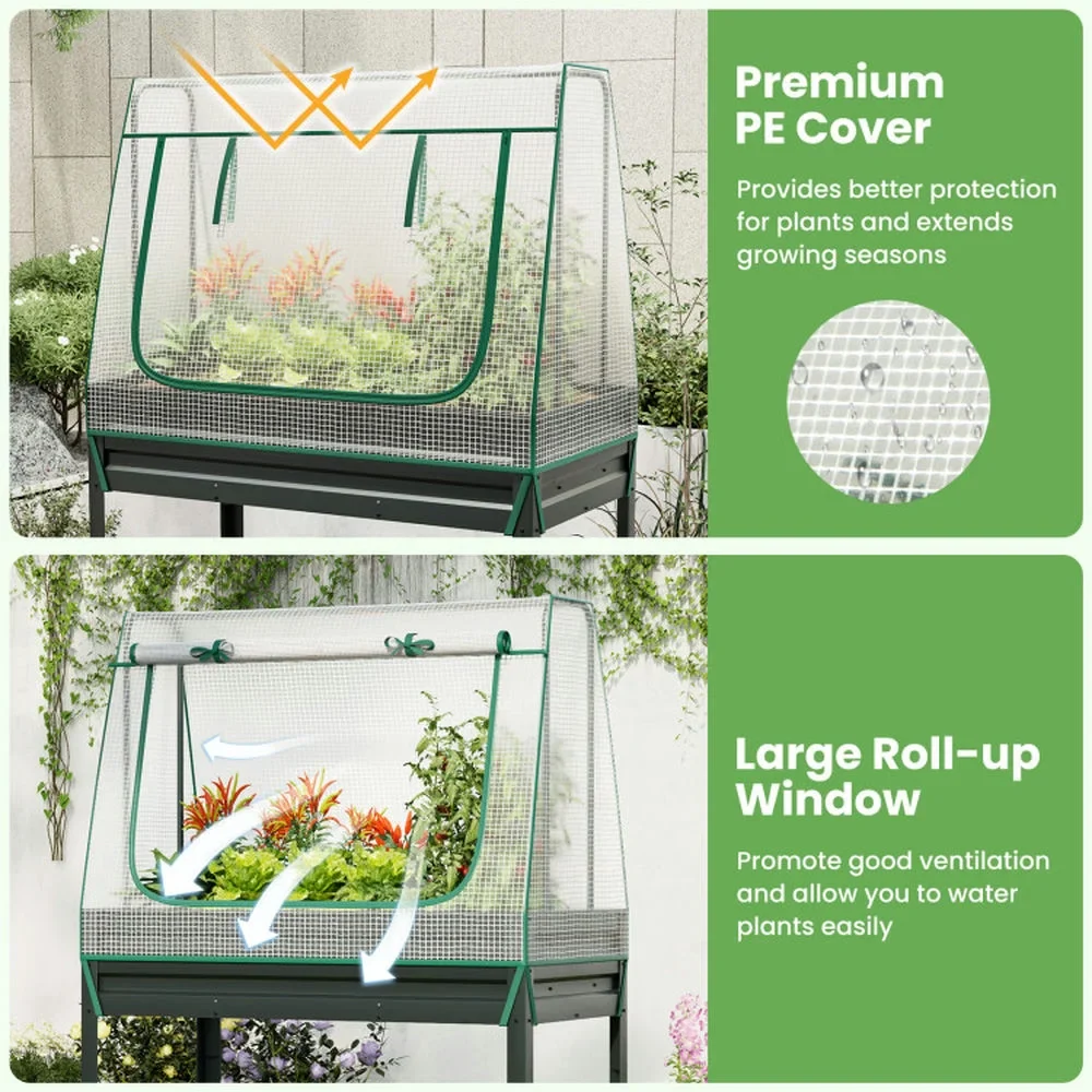 Resenkos Raised Garden Bed, Raised Planter Boxes, Elevated Flower Beds,3-in-1 Raised Garden Bed with Greenhouse Cover and Trellis-Grey