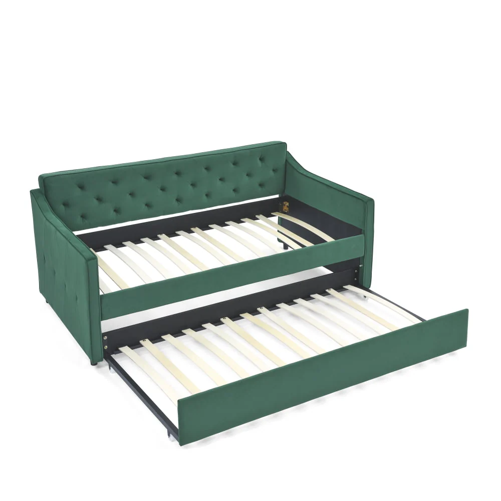 Twin Size Daybed with Trundle, Modern Button Tufted Linen Upholstered Sofa Day Bed Frame with A Roll Out Trundle, Bedframe Furniture for Bedroom Living Room Guest Room,Green Image 6