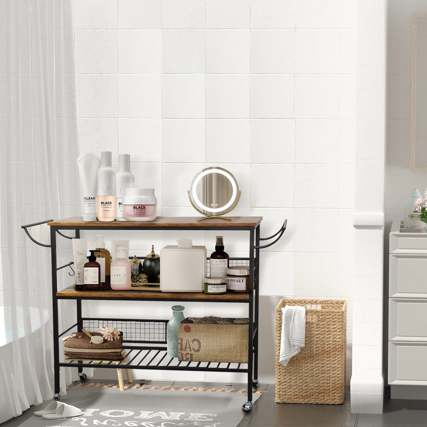 MONVANE 40"W Large Kitchen Iron Cart Island, 3 Tier Rolling Kitchen Rack Large Utility Mobile Wine Cart Storage Shelf Organizer Coffee Bar with Handle(Black/With handle)