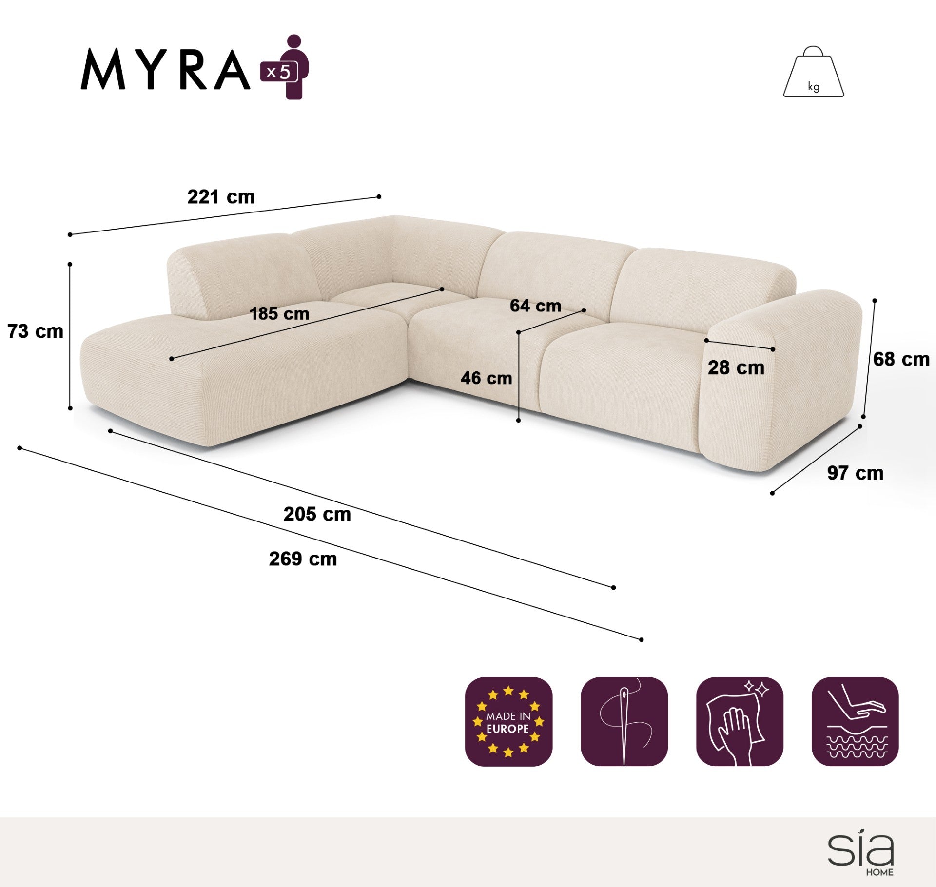 Hoekbanken links MYRA 5 personen Geweven stof Lichtgrijs