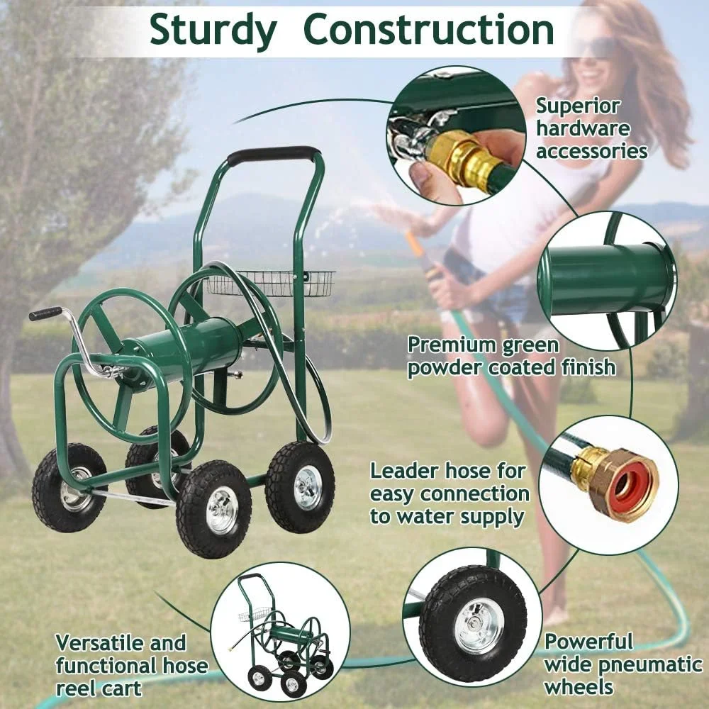 Dkelincs Garden Hose Reel Cart with Wheels 300 Ft of 5/8 in��6Ft Steel Portable Water Hose Reel with Storage Basket, Green