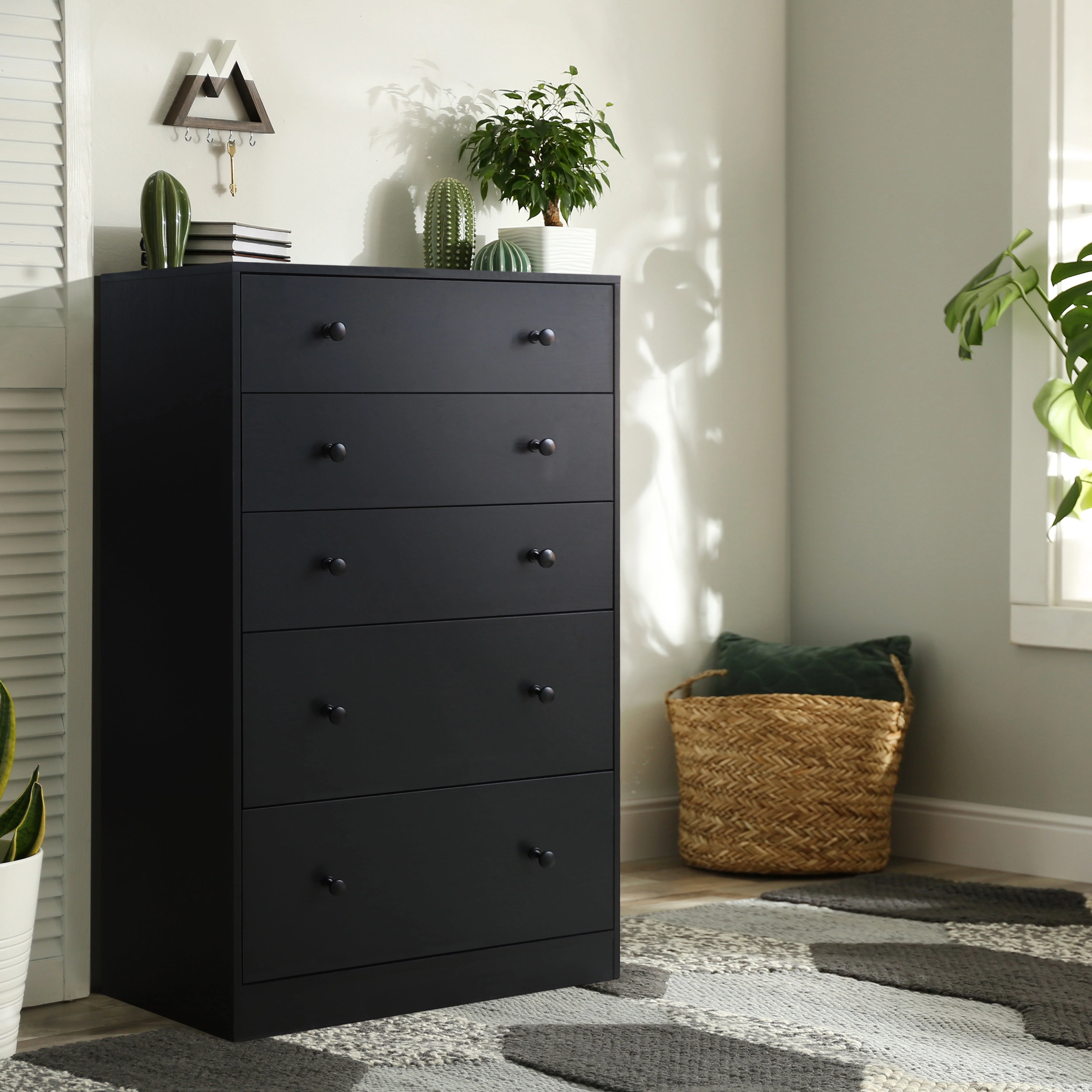 VEIKOUS 5 - Drawer Dresser Chest of Oversized Natutal Wood Dresser Cabinet for Storage, Black