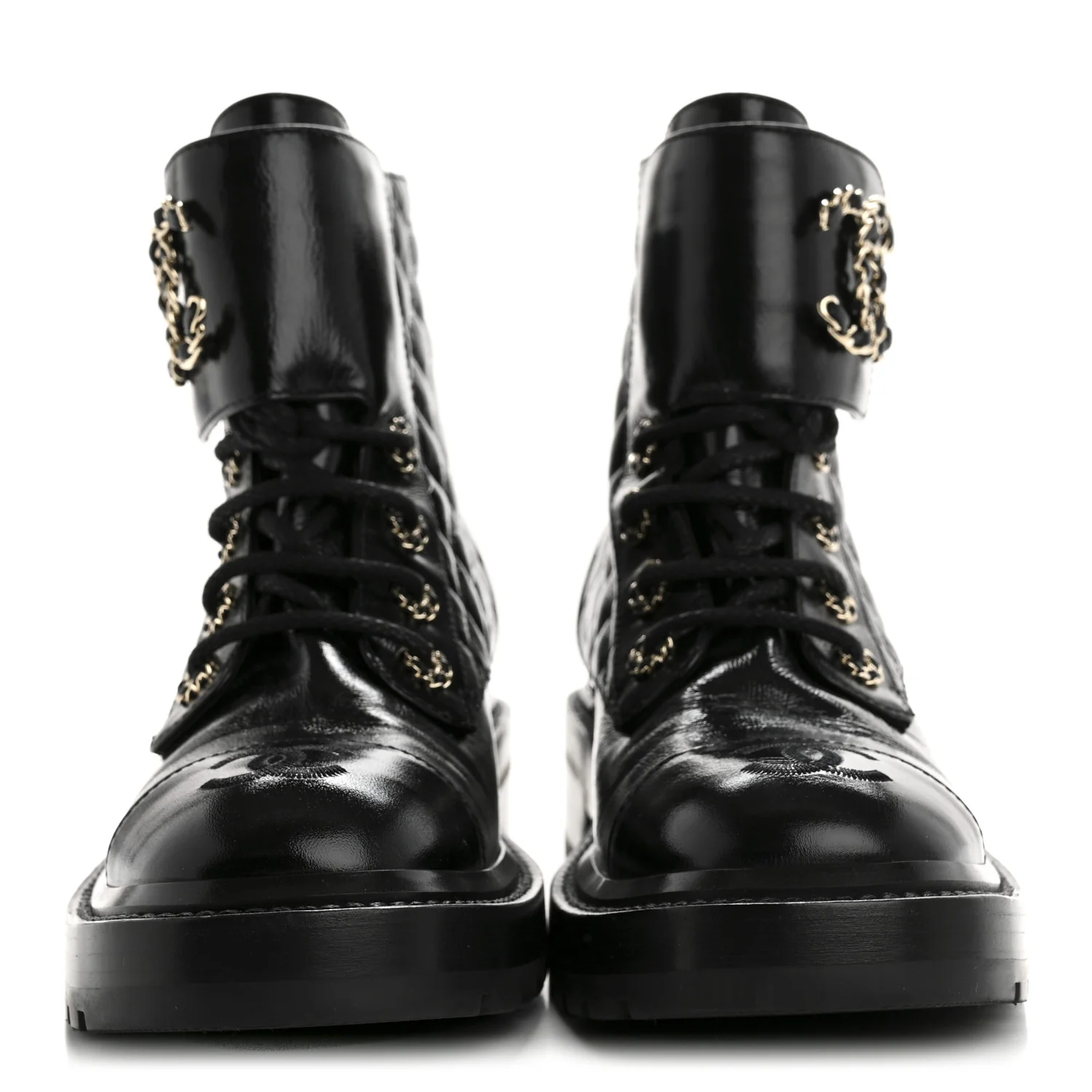 Shiny Lambskin Quilted Lace Up Combat Boots 37 Black
