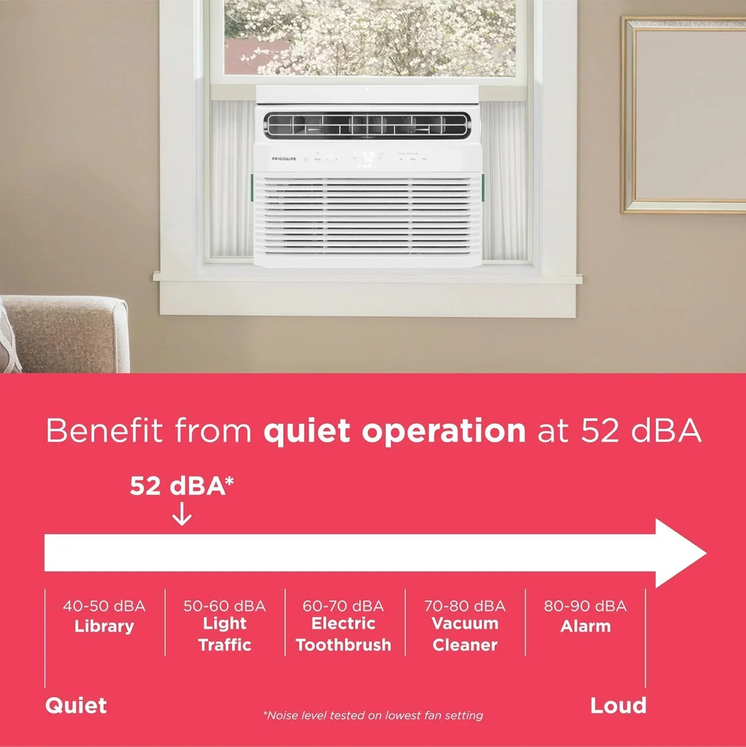 Climatiseur de fenêtre Frigidaire 5 000 BTU avec télécommande. Refroidit jusqu'à 150 pi². Fonctionnement silencieux.