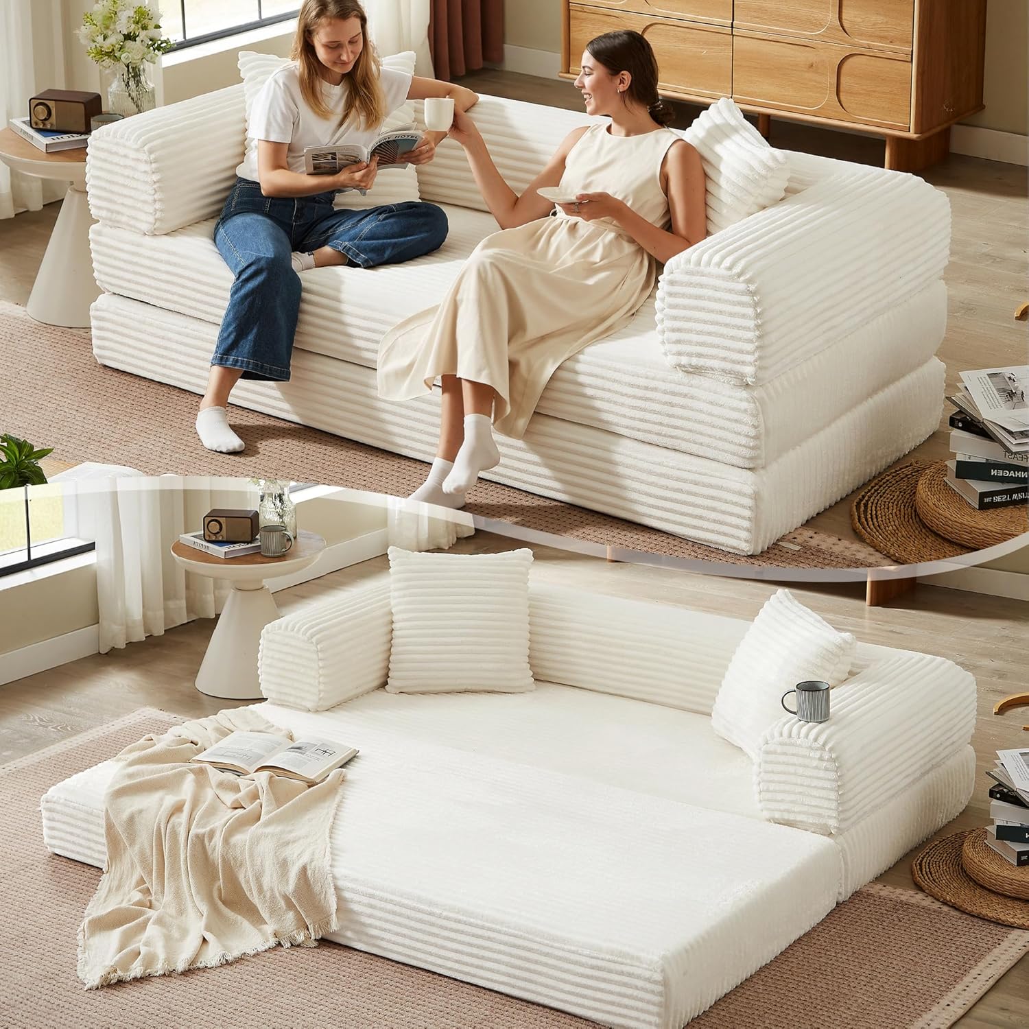 Boneless Couch Versatile Couches for Living Room No-Install Sofa Bed Corduroy Futon Soft Cloud Couch with Pillows for Bedroom Game Movie