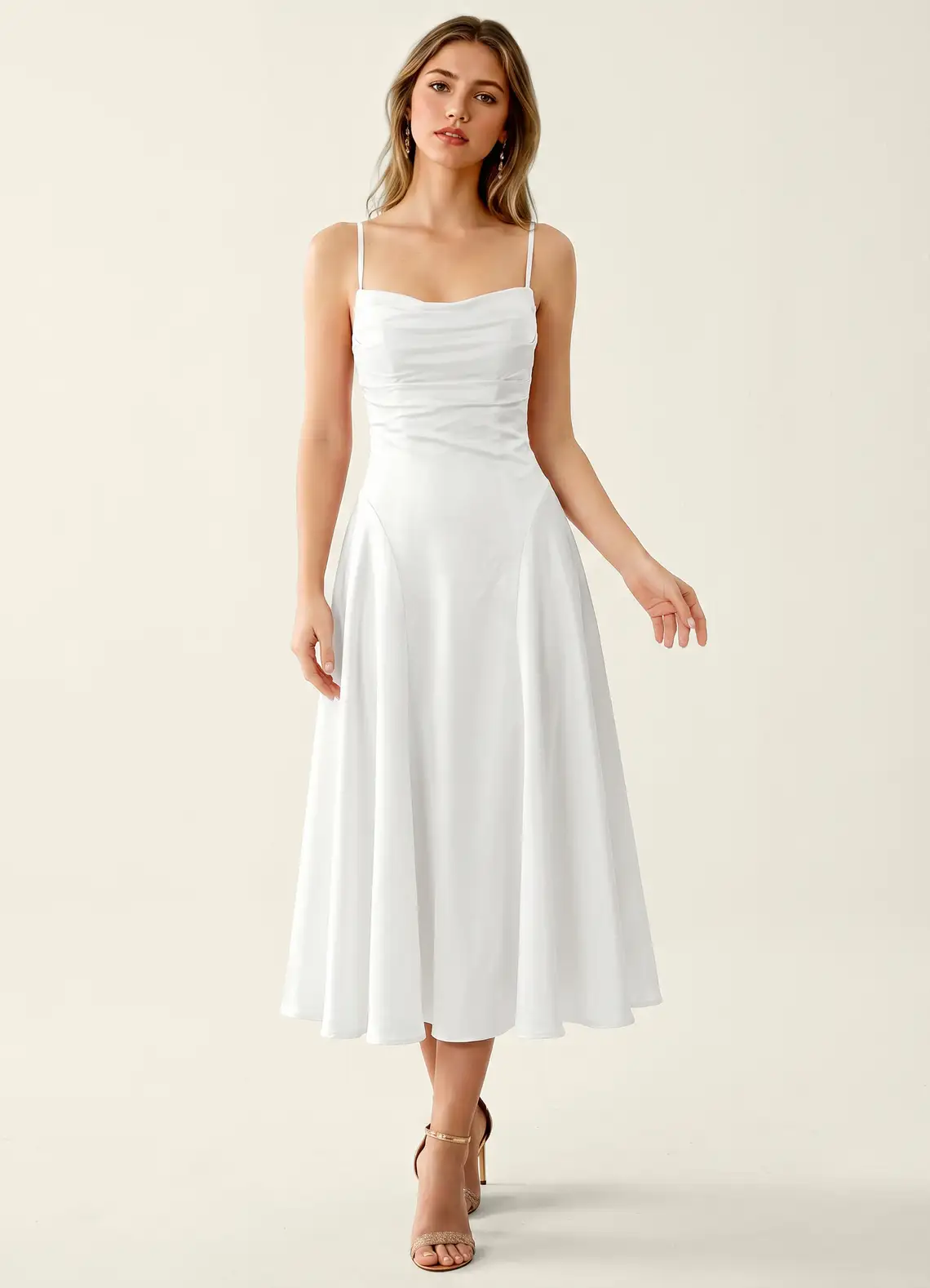 Madeleine White Satin Lace Up Back Midi A-line Graduation Dress