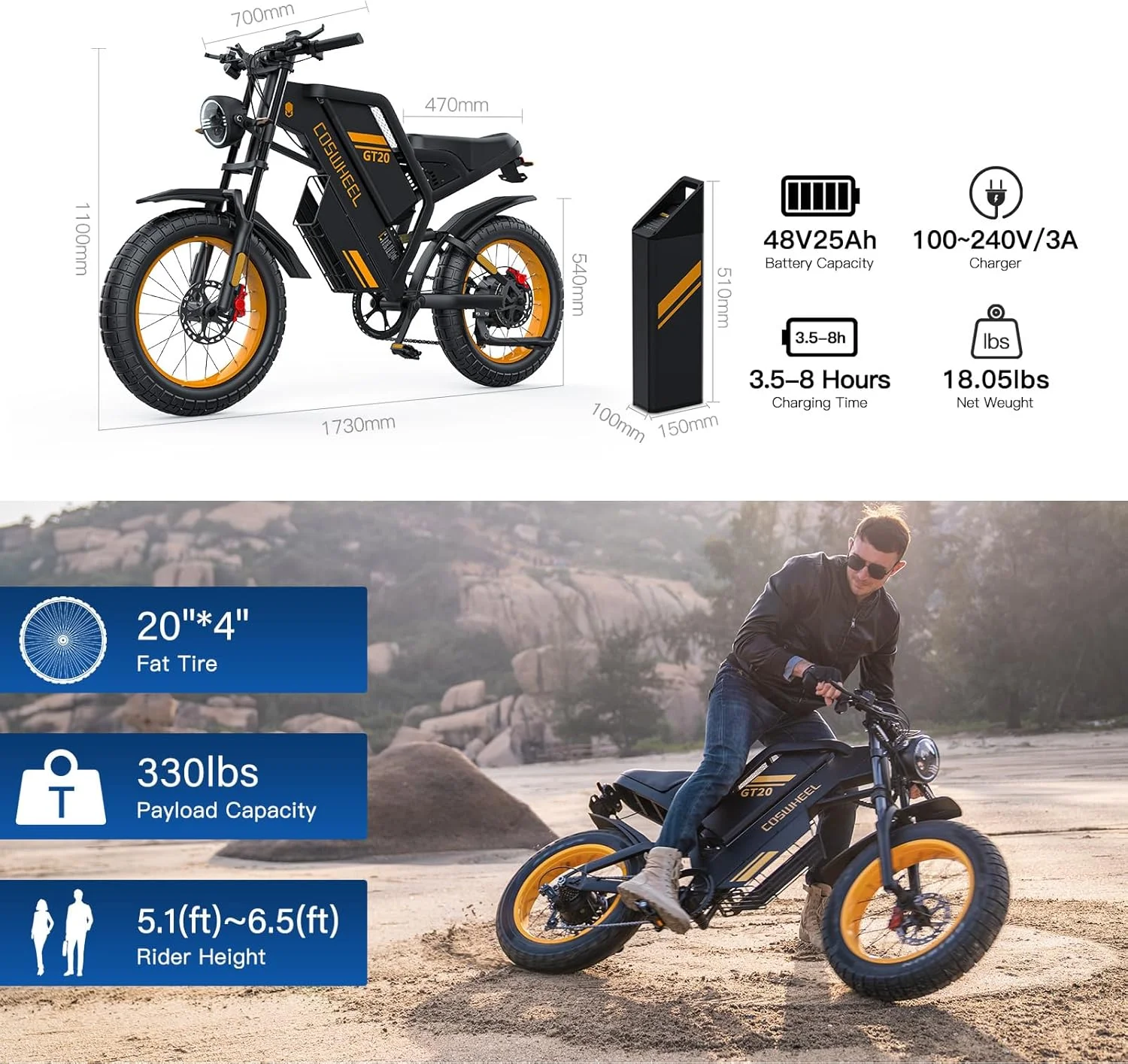 GT20 Electric Bike for Adults, Electric Dirt Bike with 1500W Motor 48V/25Ah Removable Battery, Up to 31MPH 93 Miles, Electric Motorcycle with 7-Speed, 20" x 4.0 Fat Tire Ebikes for Adults - Image 5
