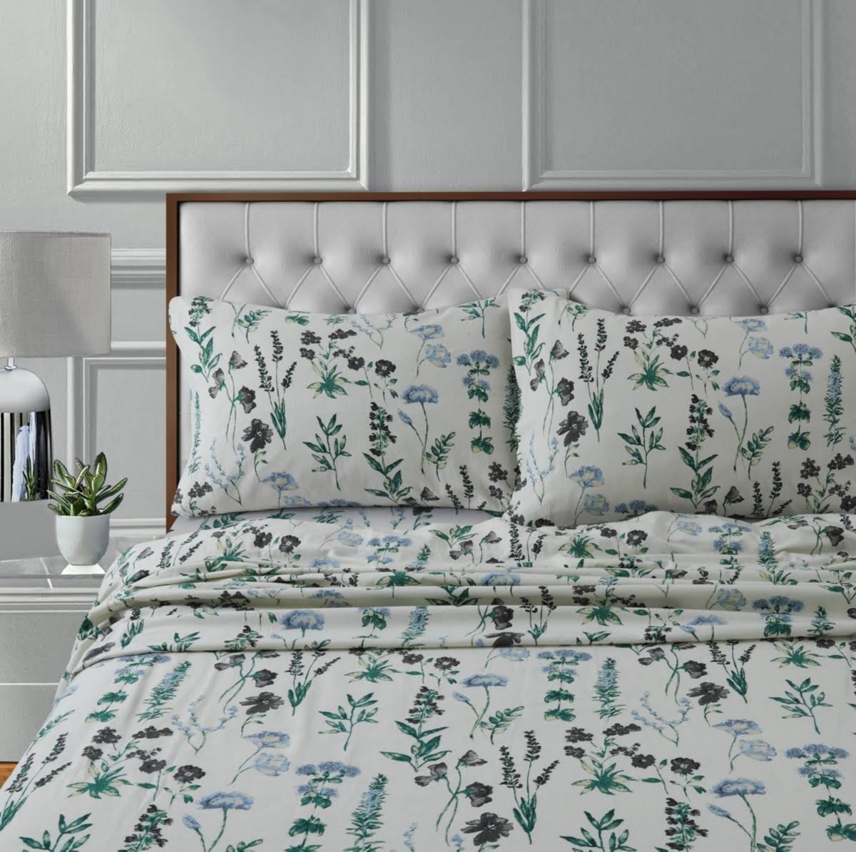 Tribeca Living Fleur 170-GSM Cotton Flannel Printed Extra Deep Pocket Sheet Set Size: Queen