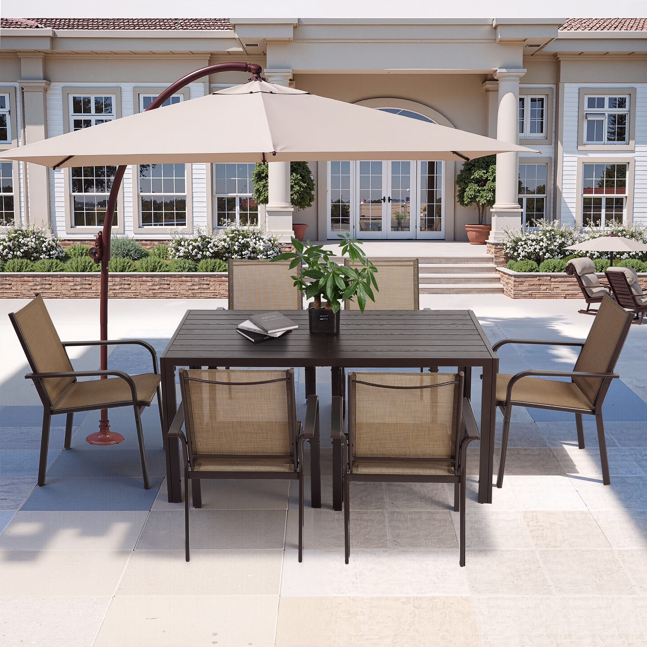 7 Piece Outdoor Dining Set, Patio Dining Table Set for 6 Persons, Garden Patio Textilene Dining Furniture Set with Plastic-Wood Tabletop, Dining Table Chairs Conversation Set for Deck Patio(Brown)